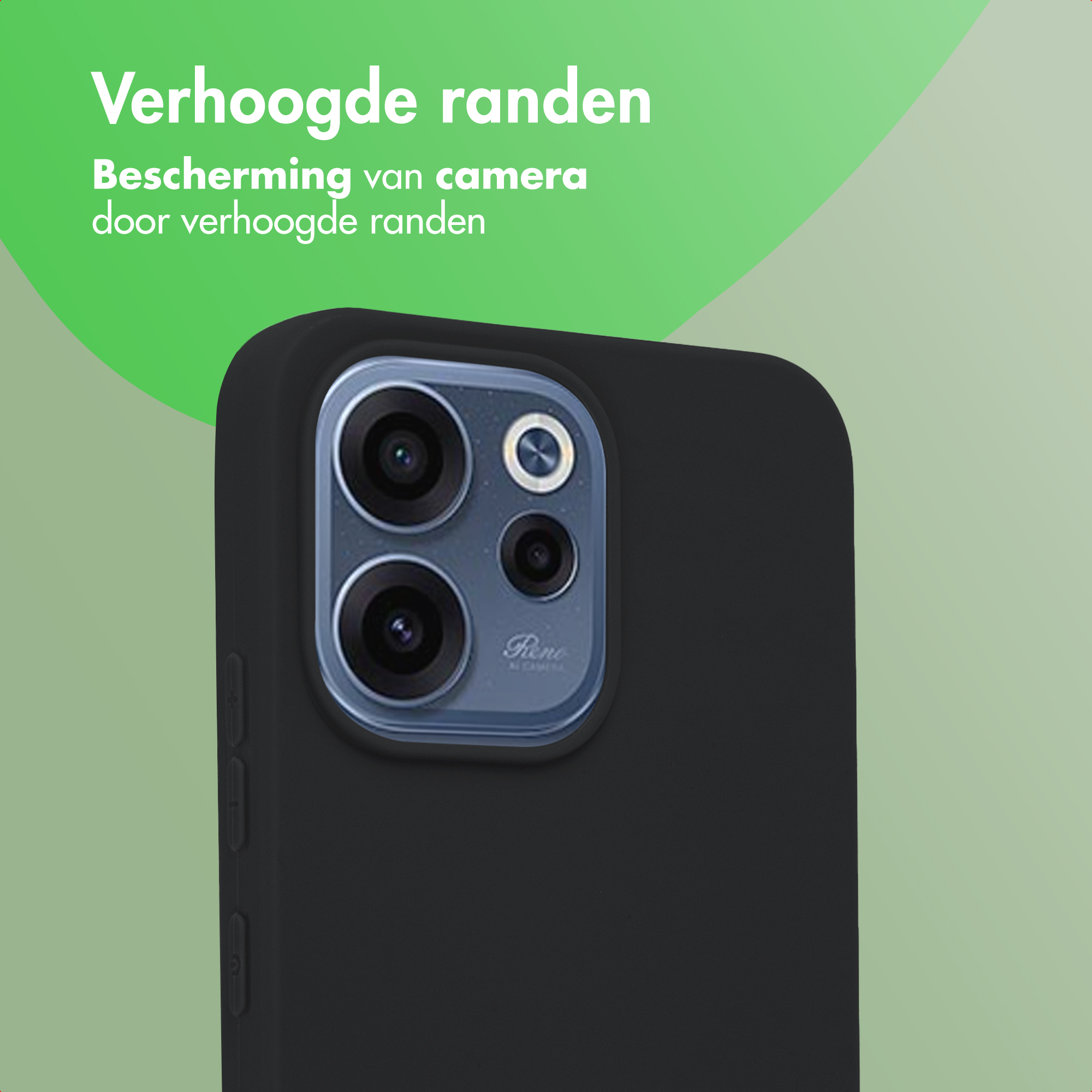 Zwarte telefoon met verhoogde camerakanten op groene achtergrond.