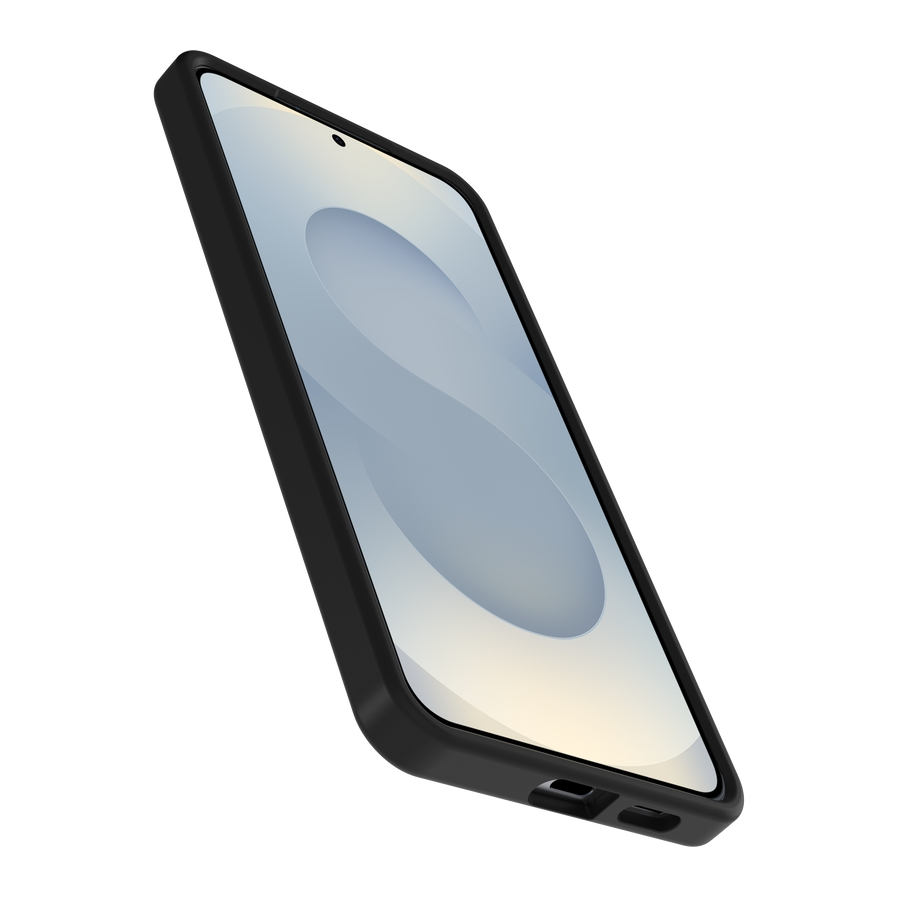 Smartphone nero con sfondo astratto sullo schermo, visto da un'angolazione.