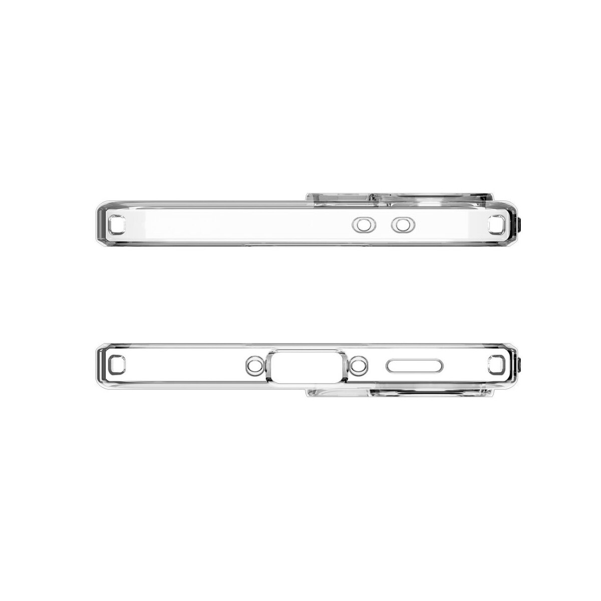 Due viste di una custodia trasparente per telefono che mostra ritagli per fotocamere e porte.