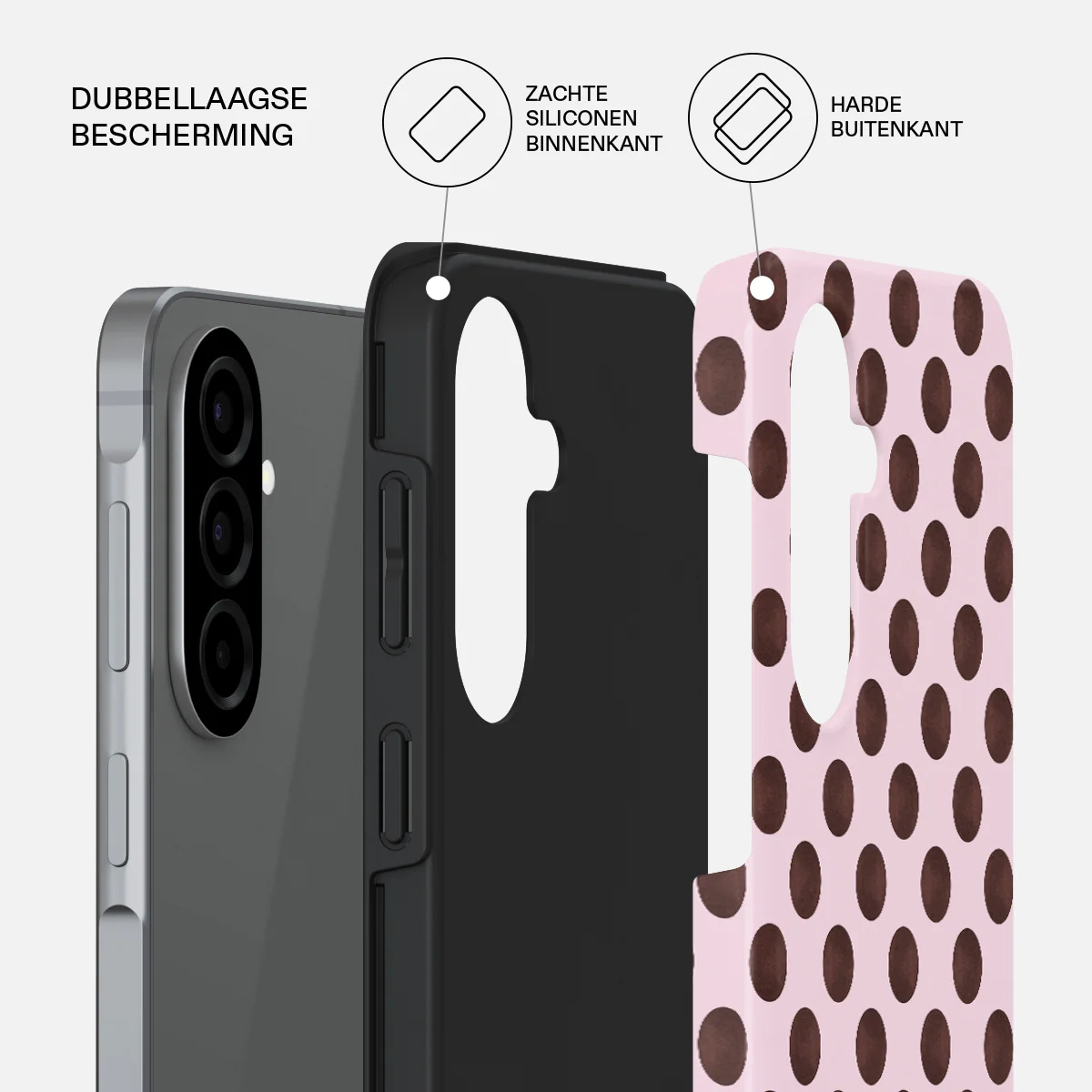 A phone with a two-layer case: black silicone inner, patterned outer shell.