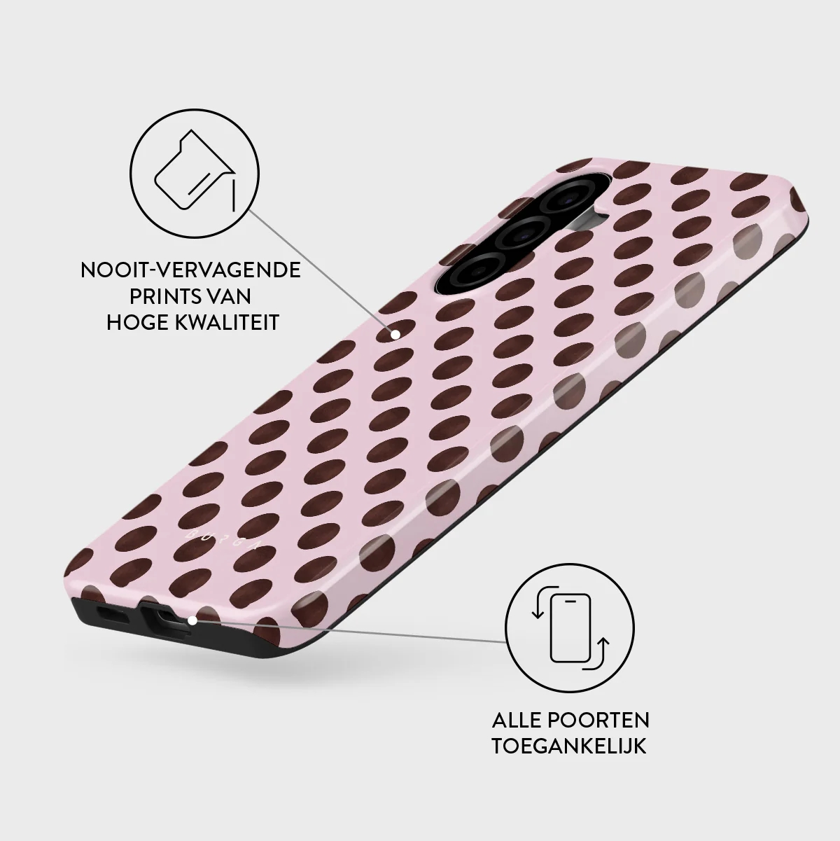 A light pink phone case with a brown polka dot pattern. Features icons for print quality and port access.