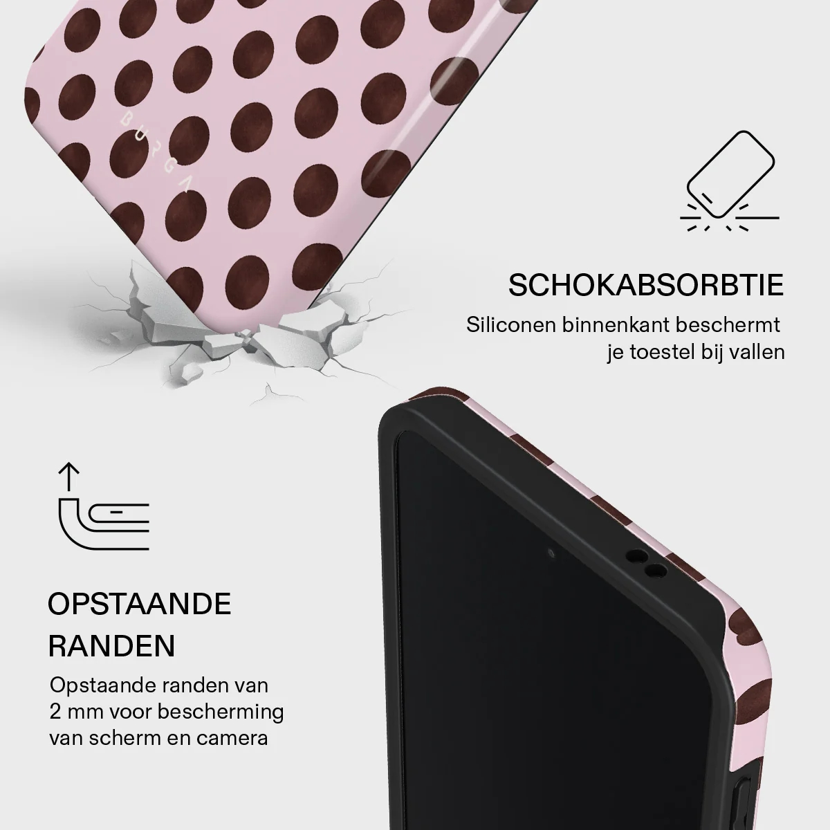 Pink phone case with brown dots, showing shock absorption and raised edges for protection.