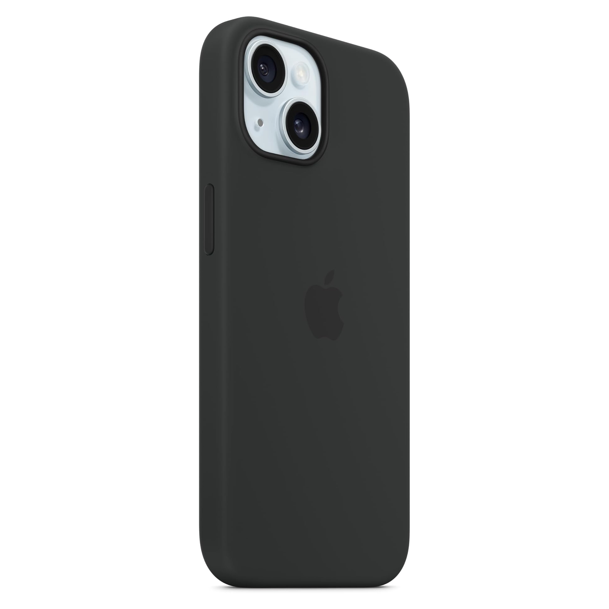 Dark gray iPhone case with Apple logo and dual camera cutout.