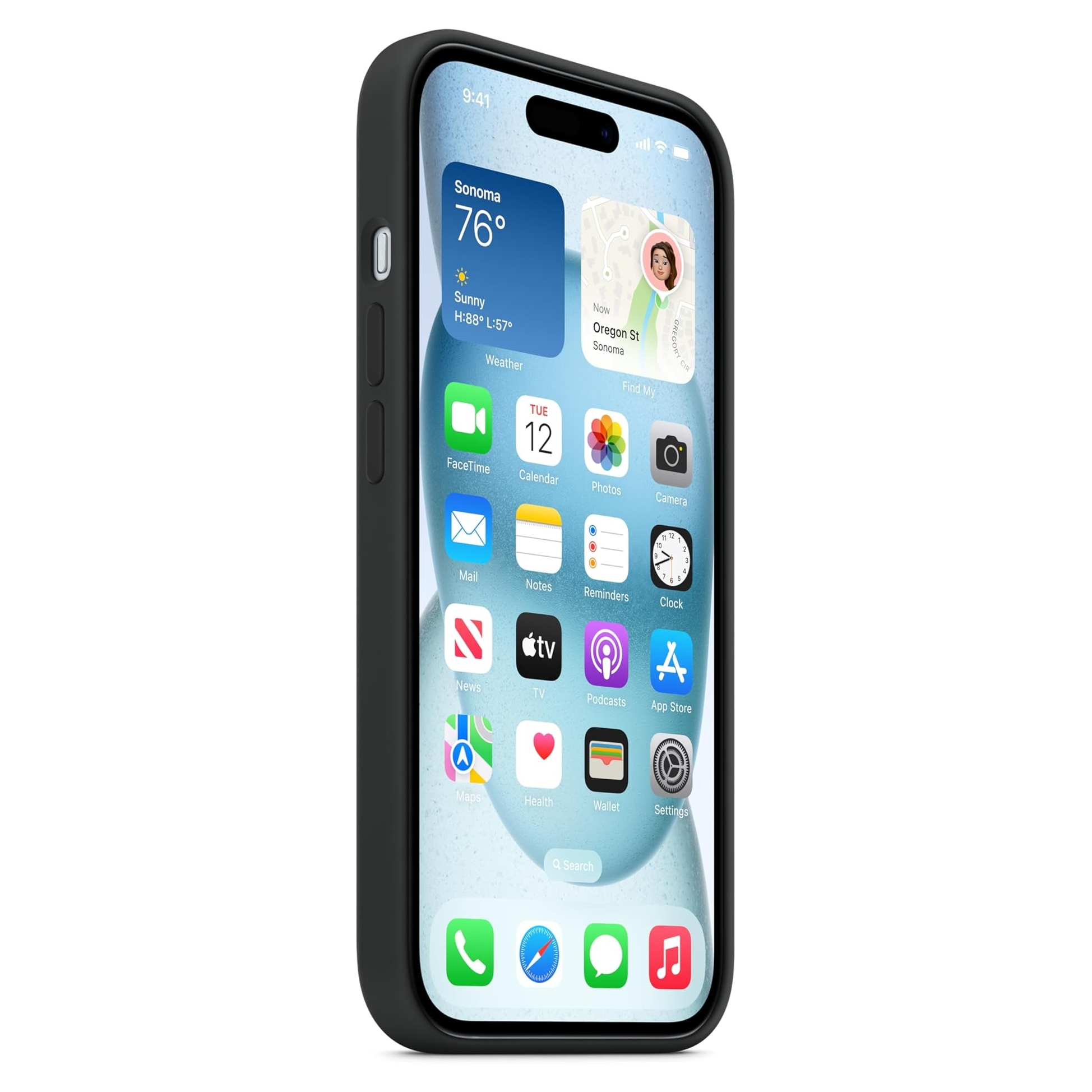 Black iPhone in a case showing weather and apps. Time is 9:41.