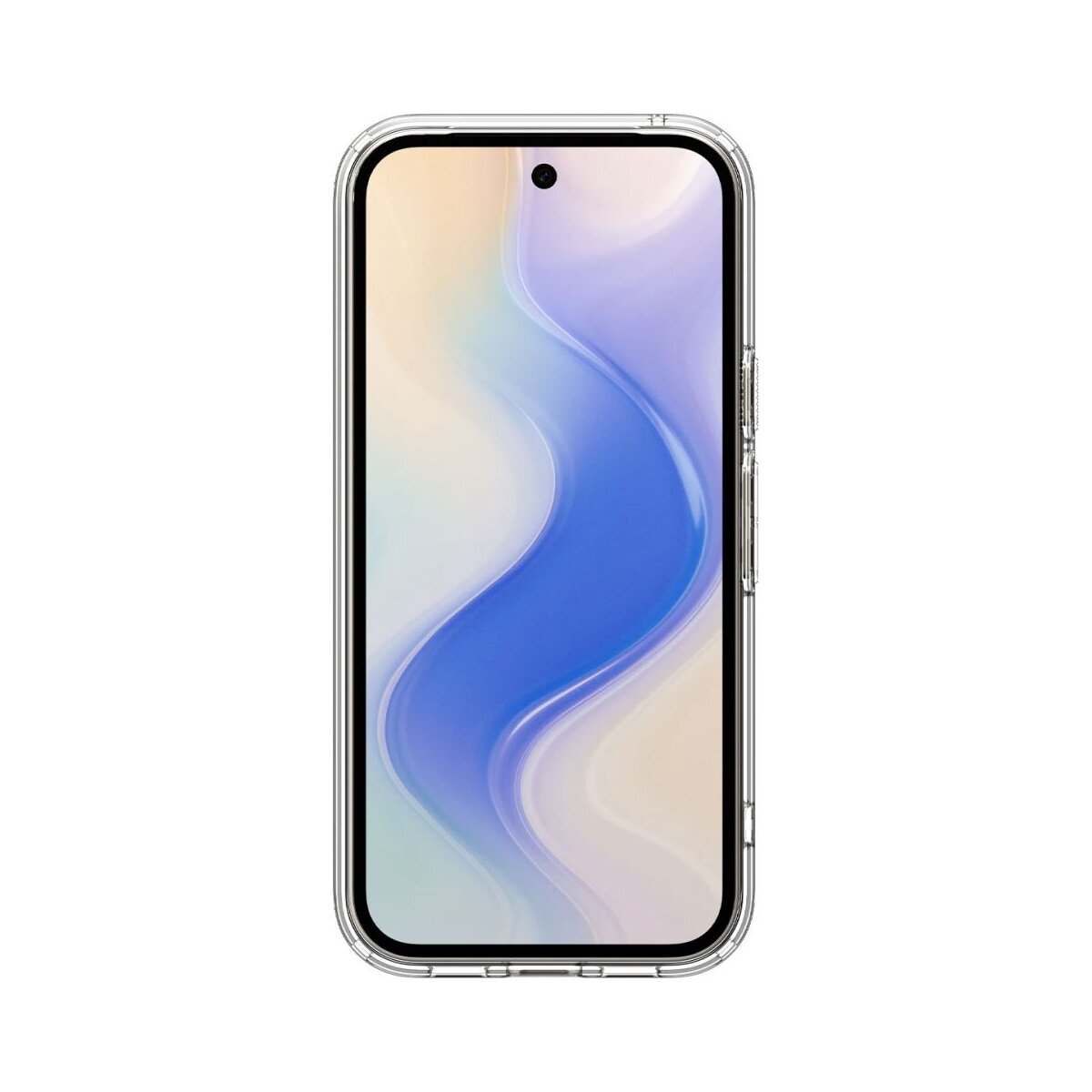 Una cover trasparente avvolge uno smartphone con uno sfondo astratto blu e giallo.