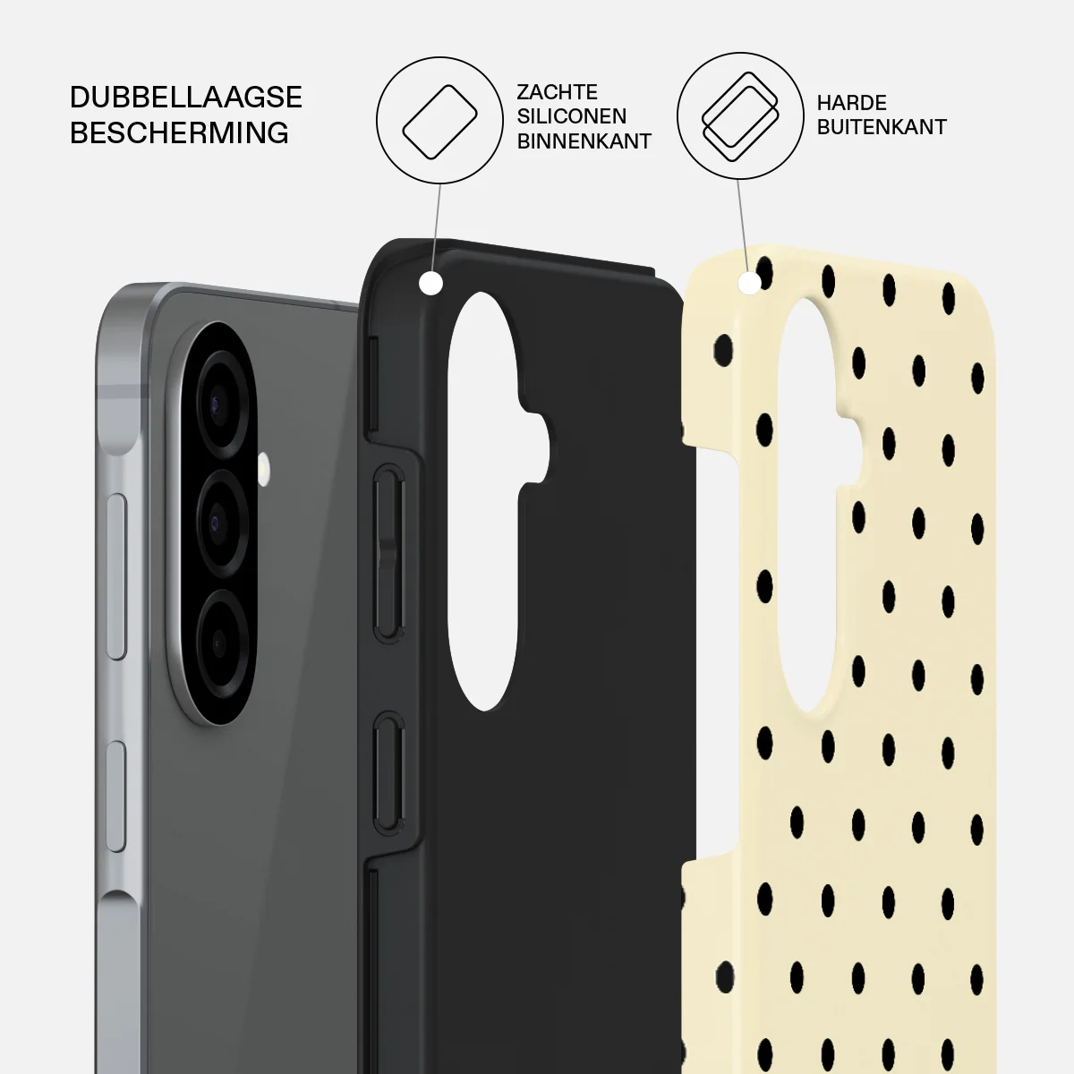 A phone with a black and yellow polka dot case, showing protective layers.