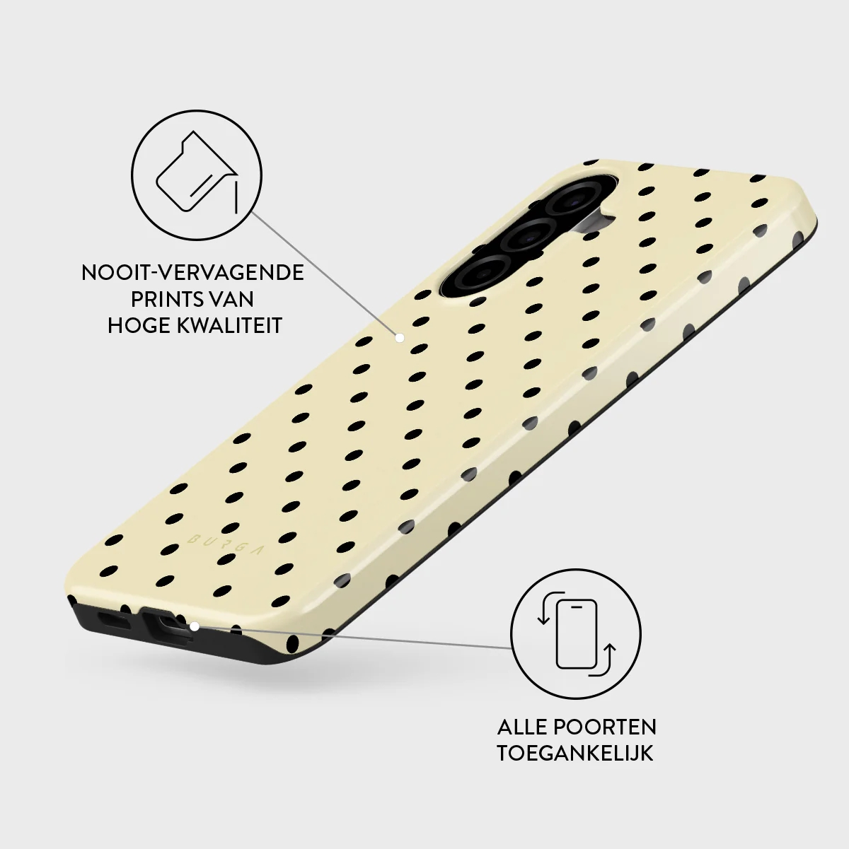 A cream-colored phone case with black dots and camera cutouts.