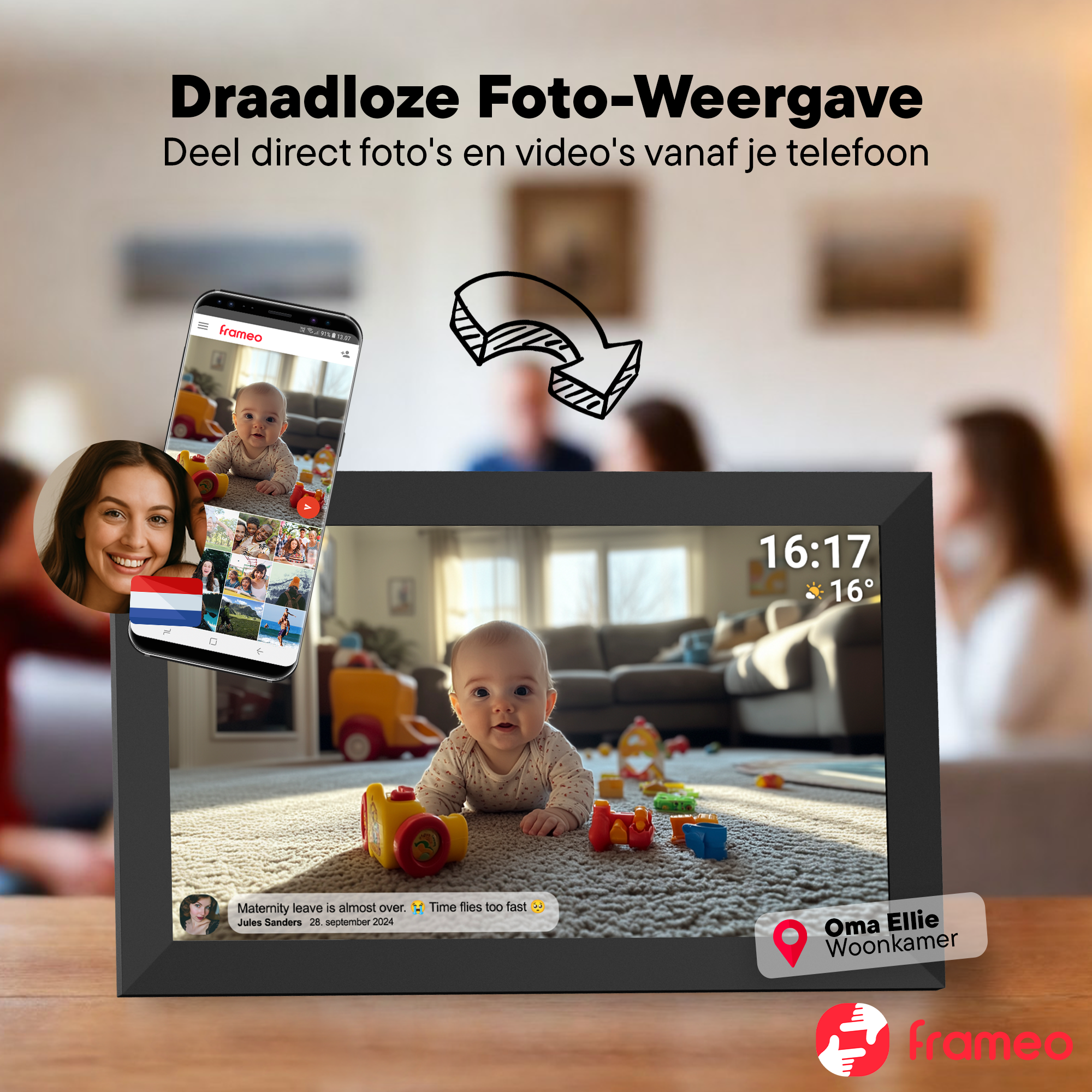 Ein Baby liegt auf einem Teppich. Ein Handy zeigt Fotos. Ein digitaler Bilderrahmen.