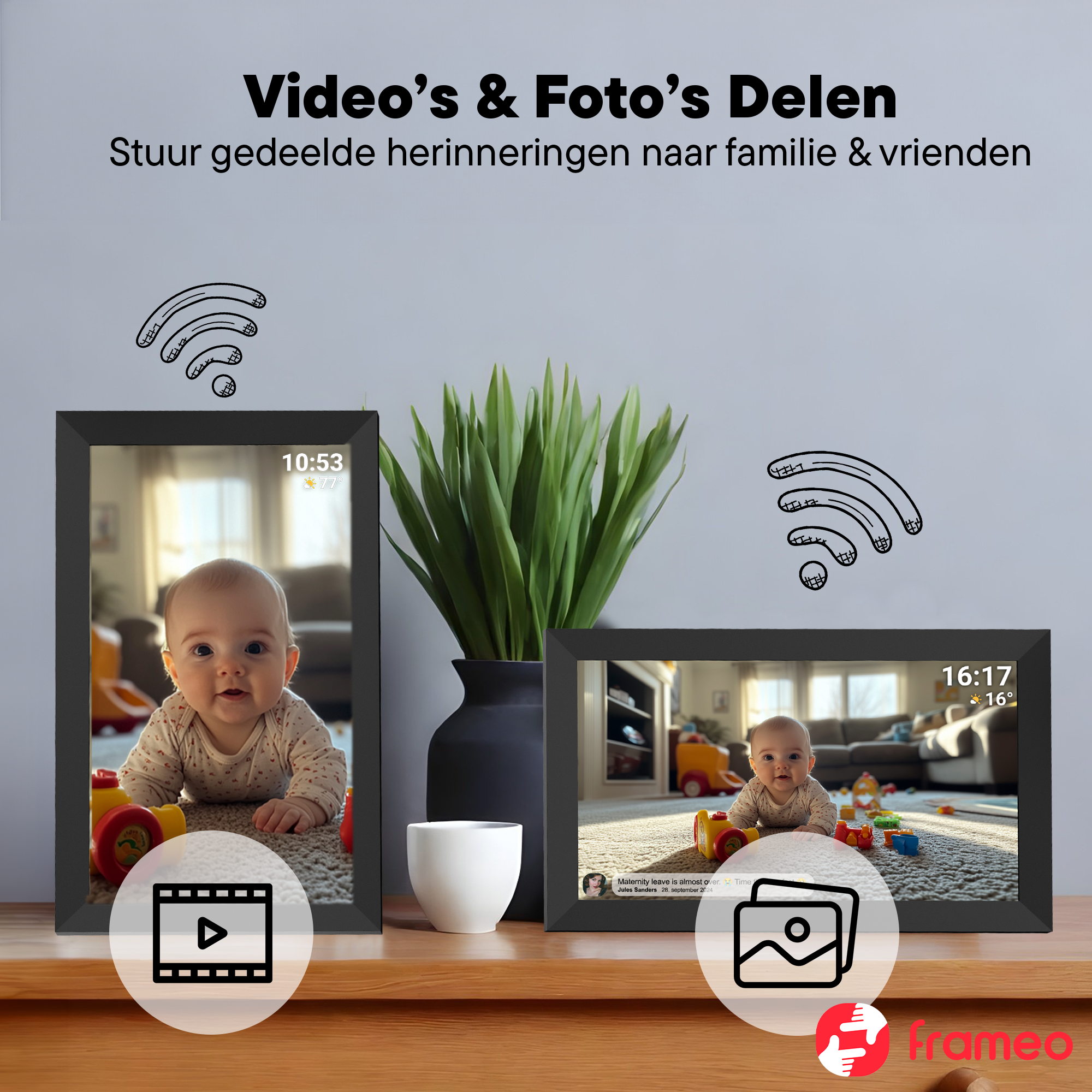 Zwei digitale Bilderrahmen zeigen Babys. Einer zeigt ein Video-Symbol, der andere ein Foto-Symbol.