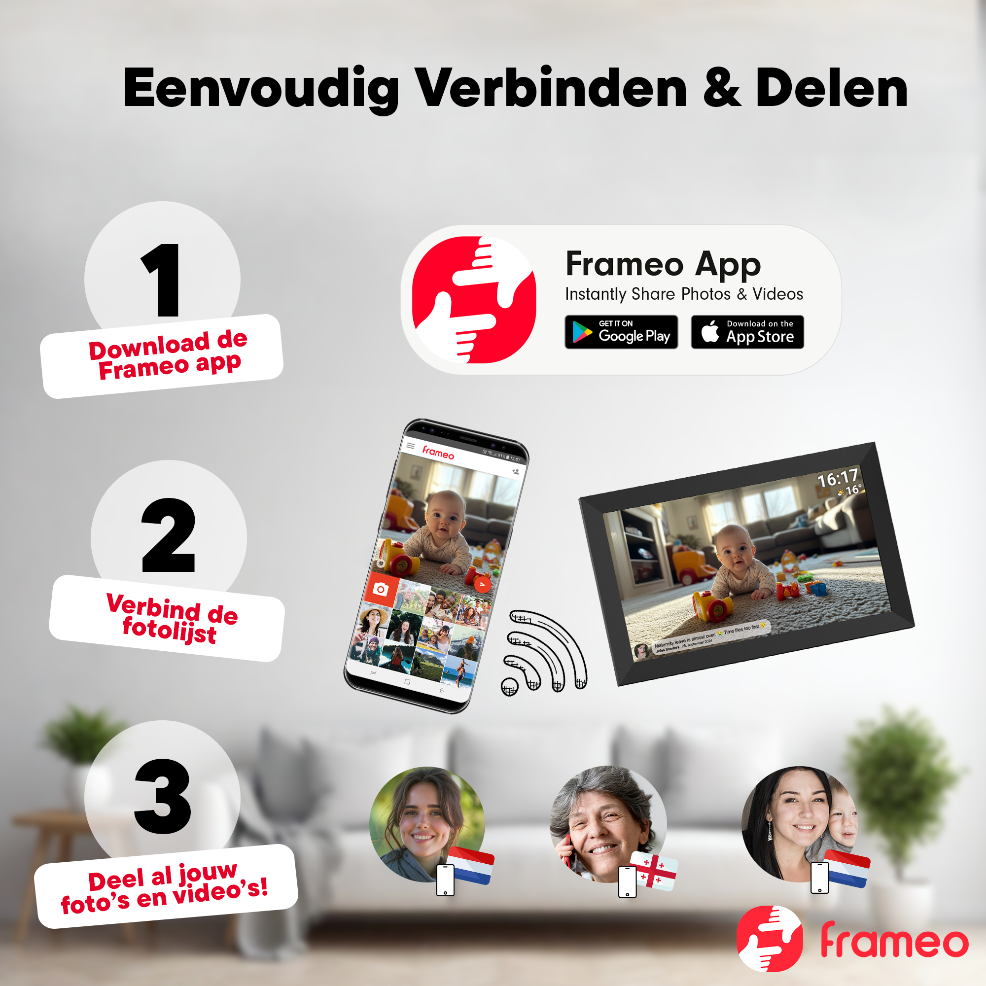 Anleitung: App herunterladen, Fotorahmen verbinden, Fotos & Videos teilen.