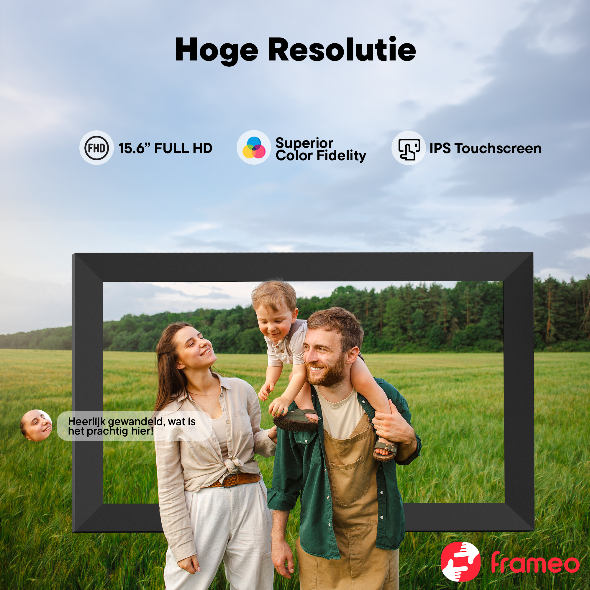 Family in a field with a digital photo frame. High resolution, 15.6" Full HD.