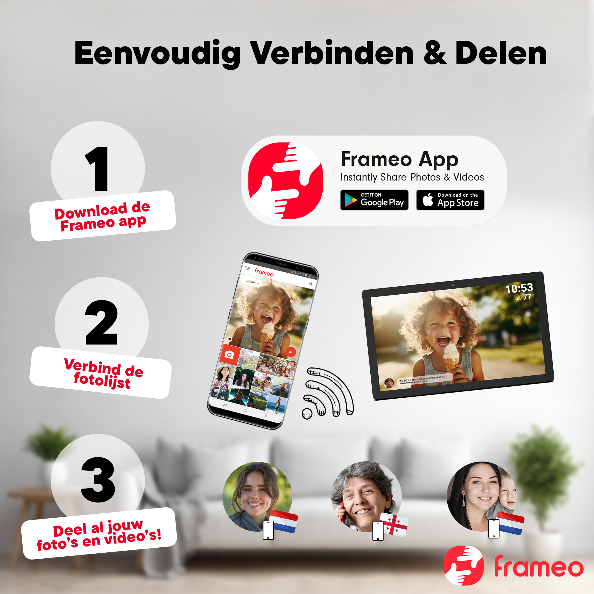Schritt-für-Schritt-Anleitung zum Verbinden und Teilen von Fotos mit der Frameo-App.