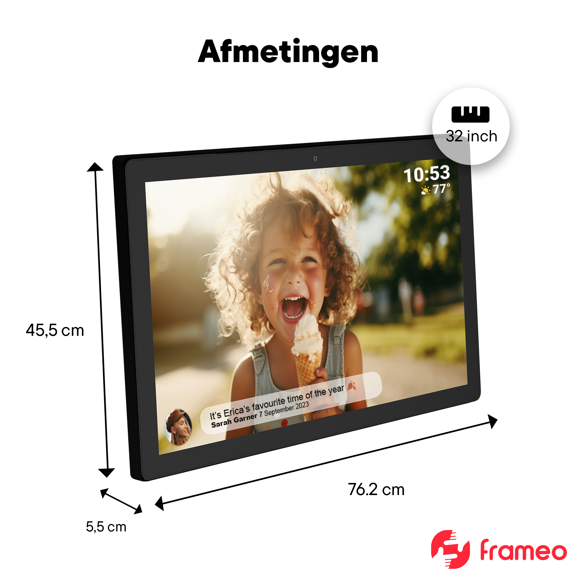 Ein 32-Zoll-Tablet mit einer jungen Frau, die Eis isst. Abmessungen 76,2 x 45,5 x 5,5 cm.