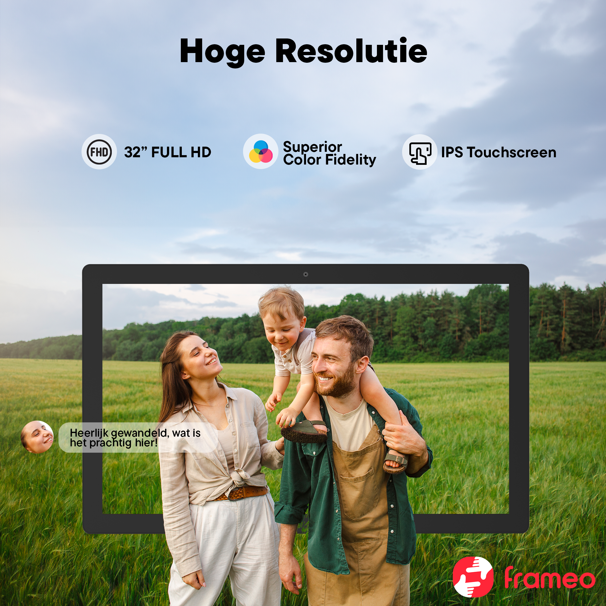 Family outdoors, in front of a tablet showing a nature scene.