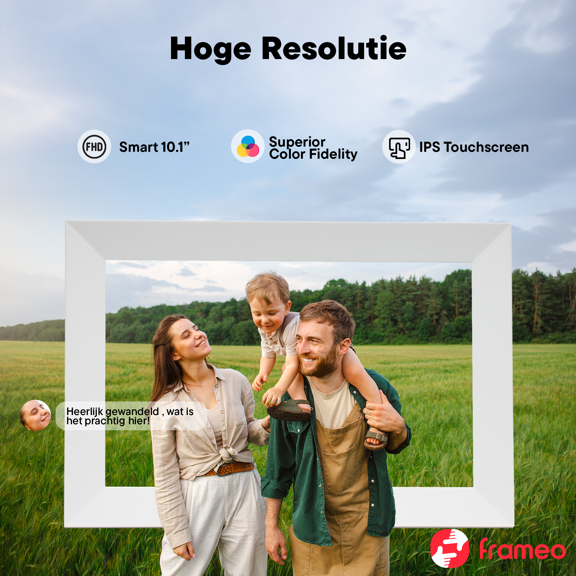 Family in a field, with text about high resolution, IPS touchscreen.