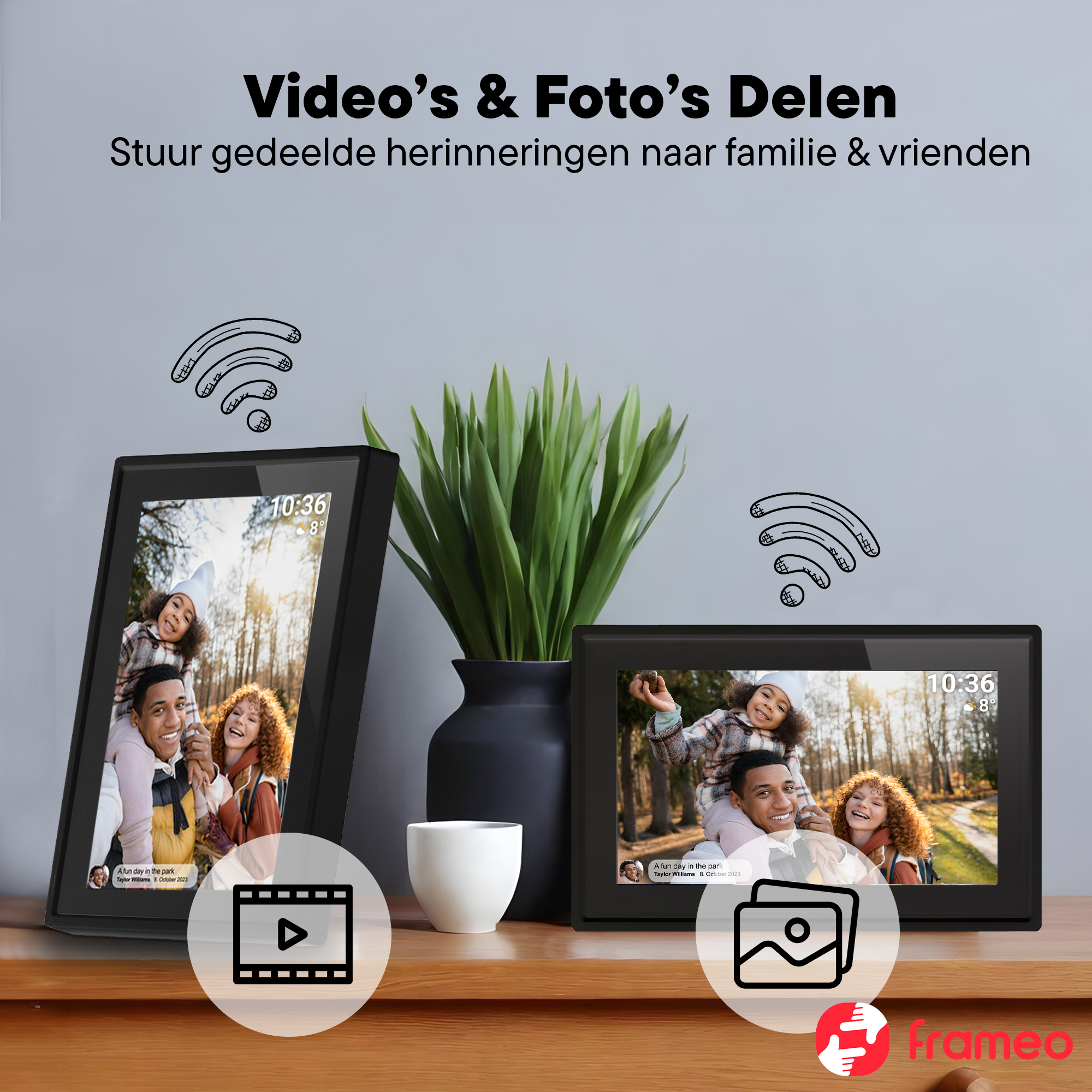 Two digital frames show a family in the park. WiFi icons indicate sharing.