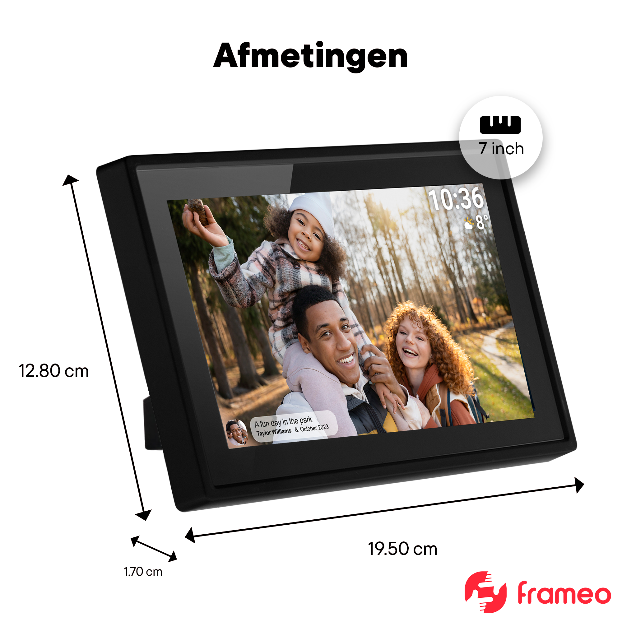 A digital photo frame displays a family in the park. Dimensions are shown.