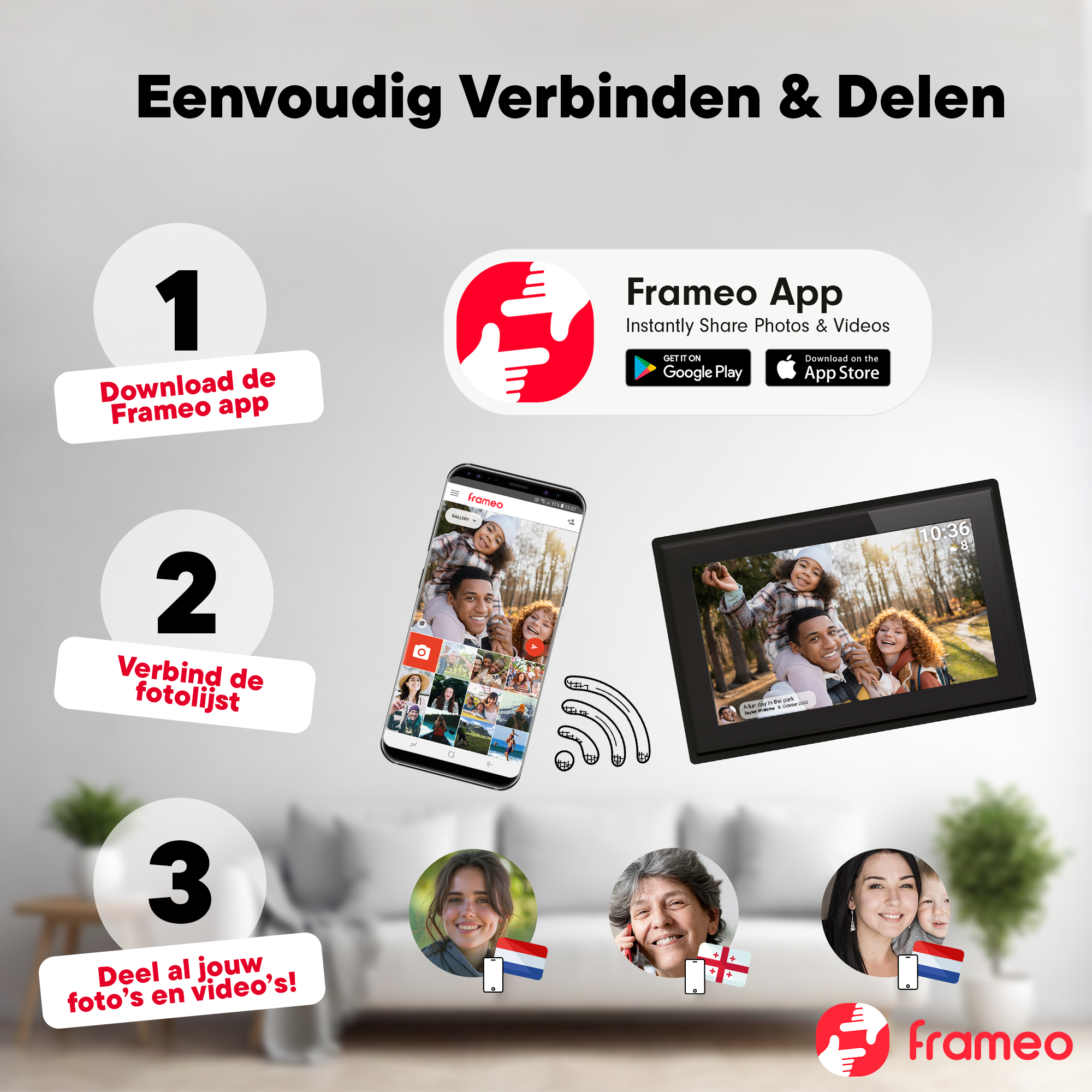 3-step guide: Download app, connect photo frame, share photos/videos.