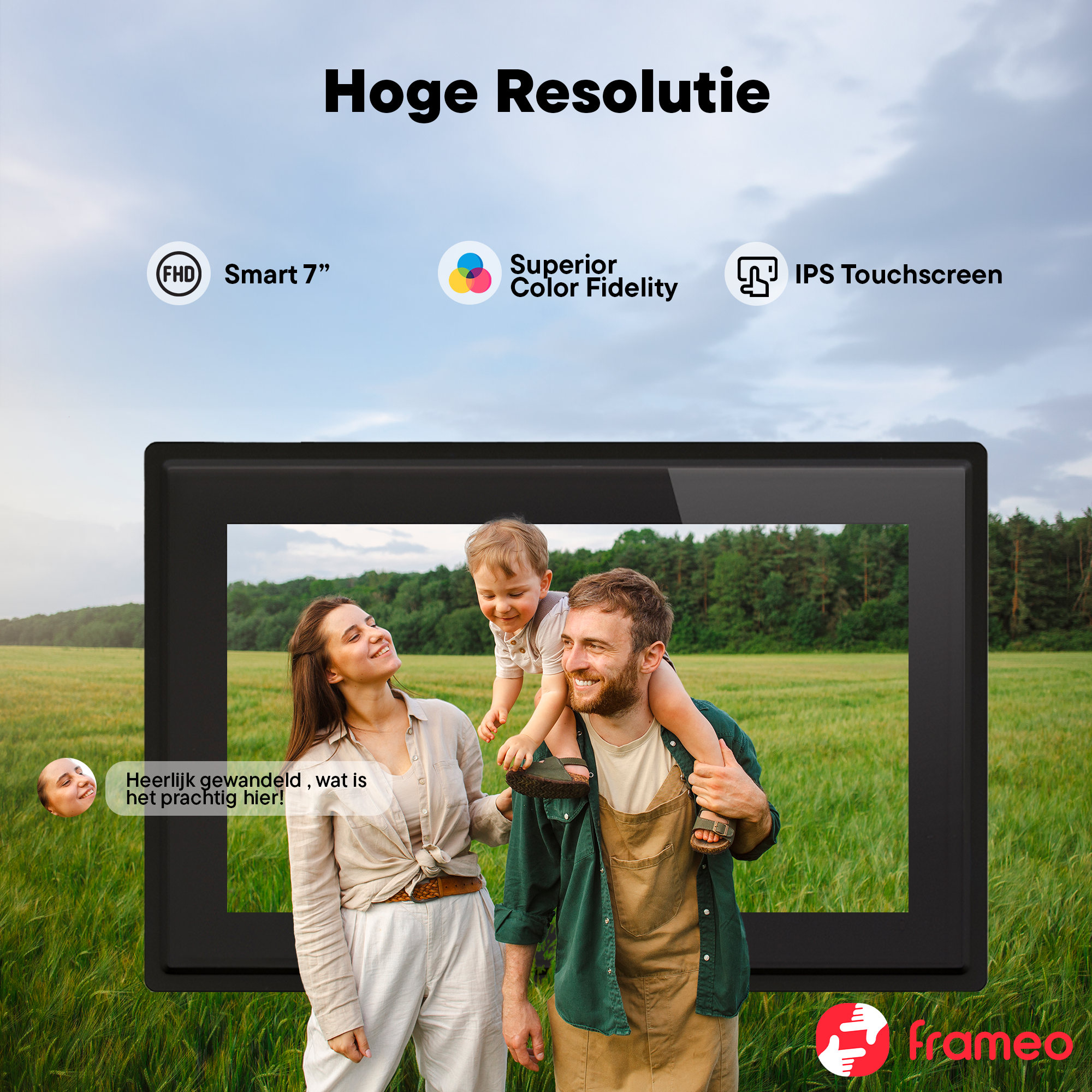 A frame shows a family outdoors. High resolution, 7" smart display.