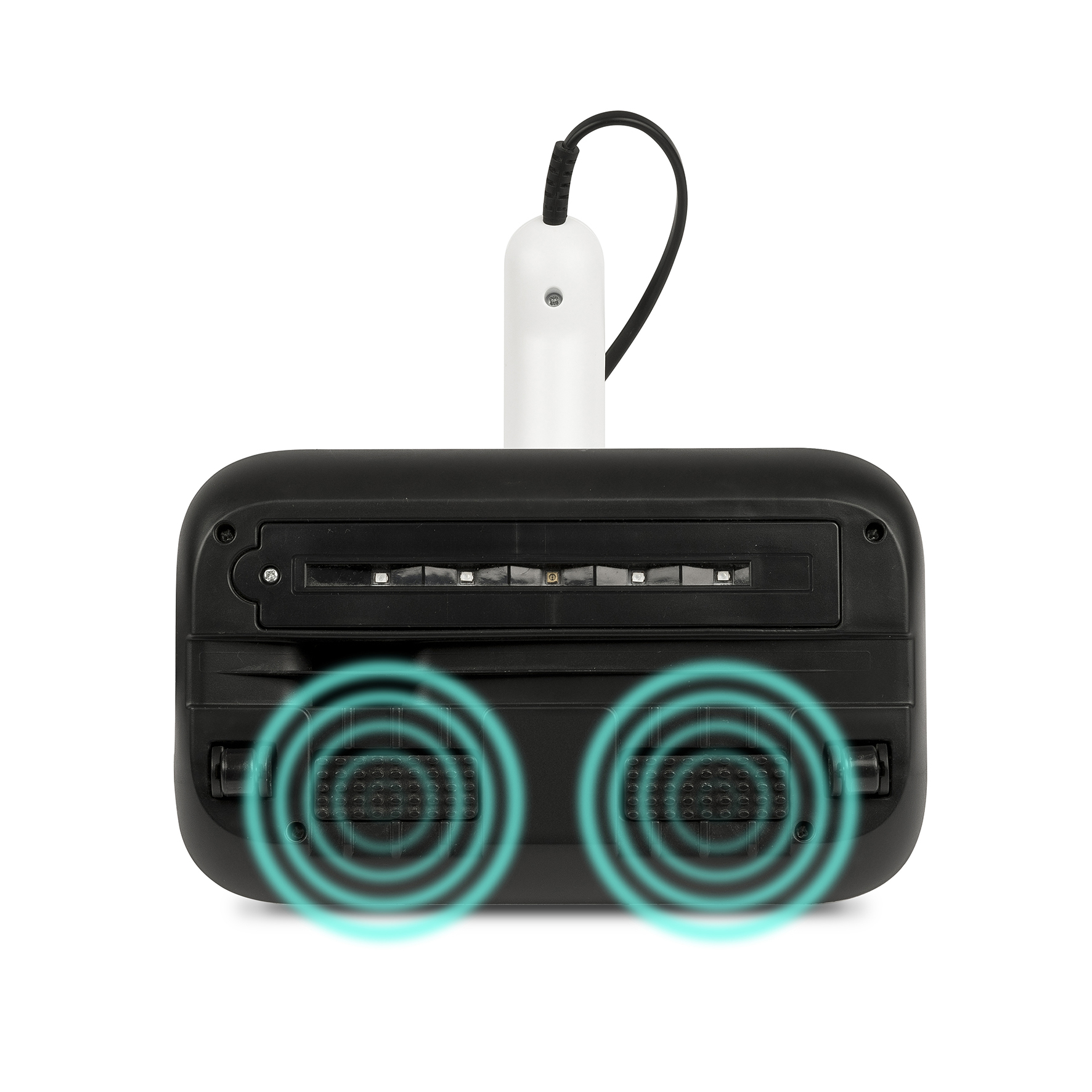 Un dispositivo de limpieza negro con mango blanco y cable negro.
