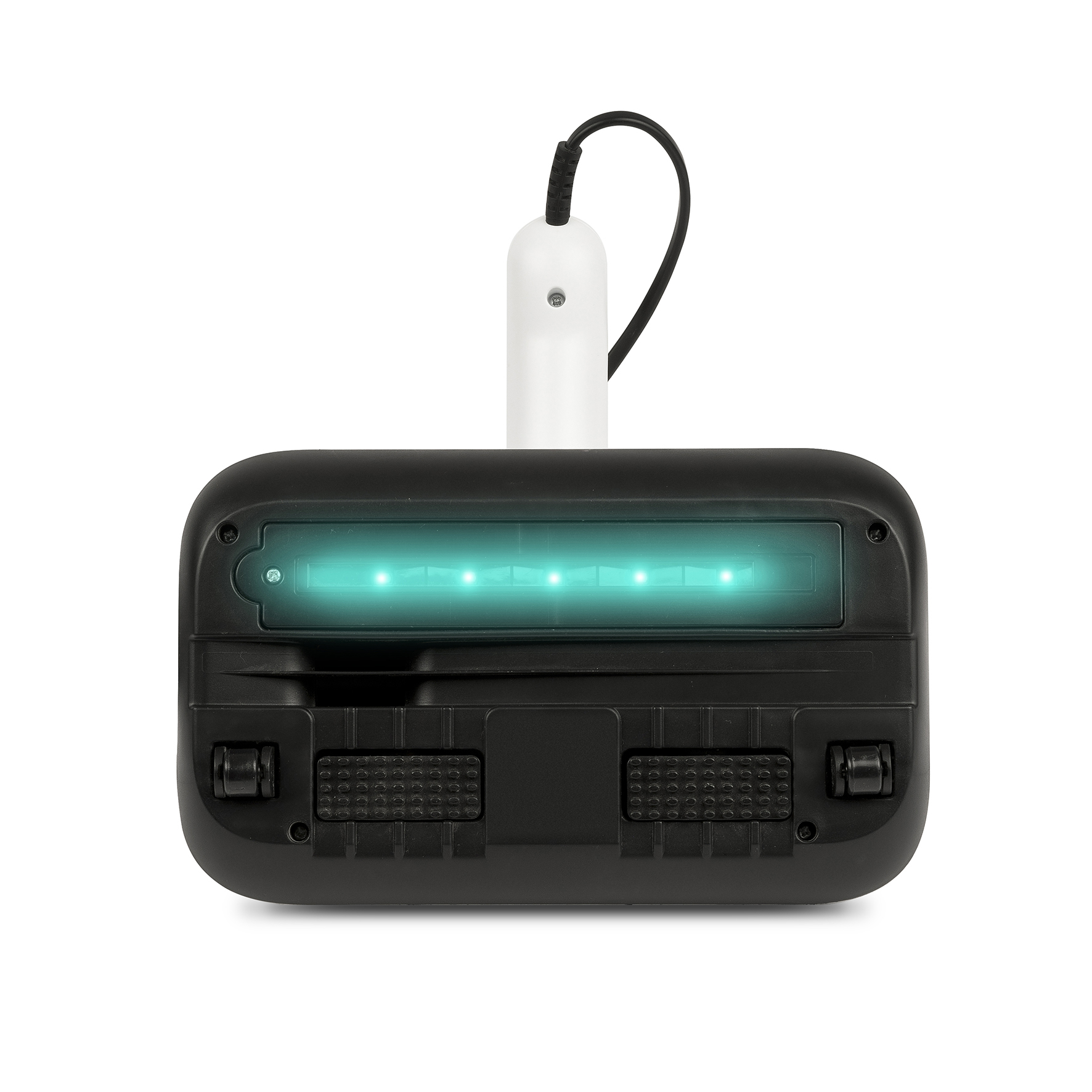 Cabezal de aspiradora negro con LEDs verde brillante y mango blanco.