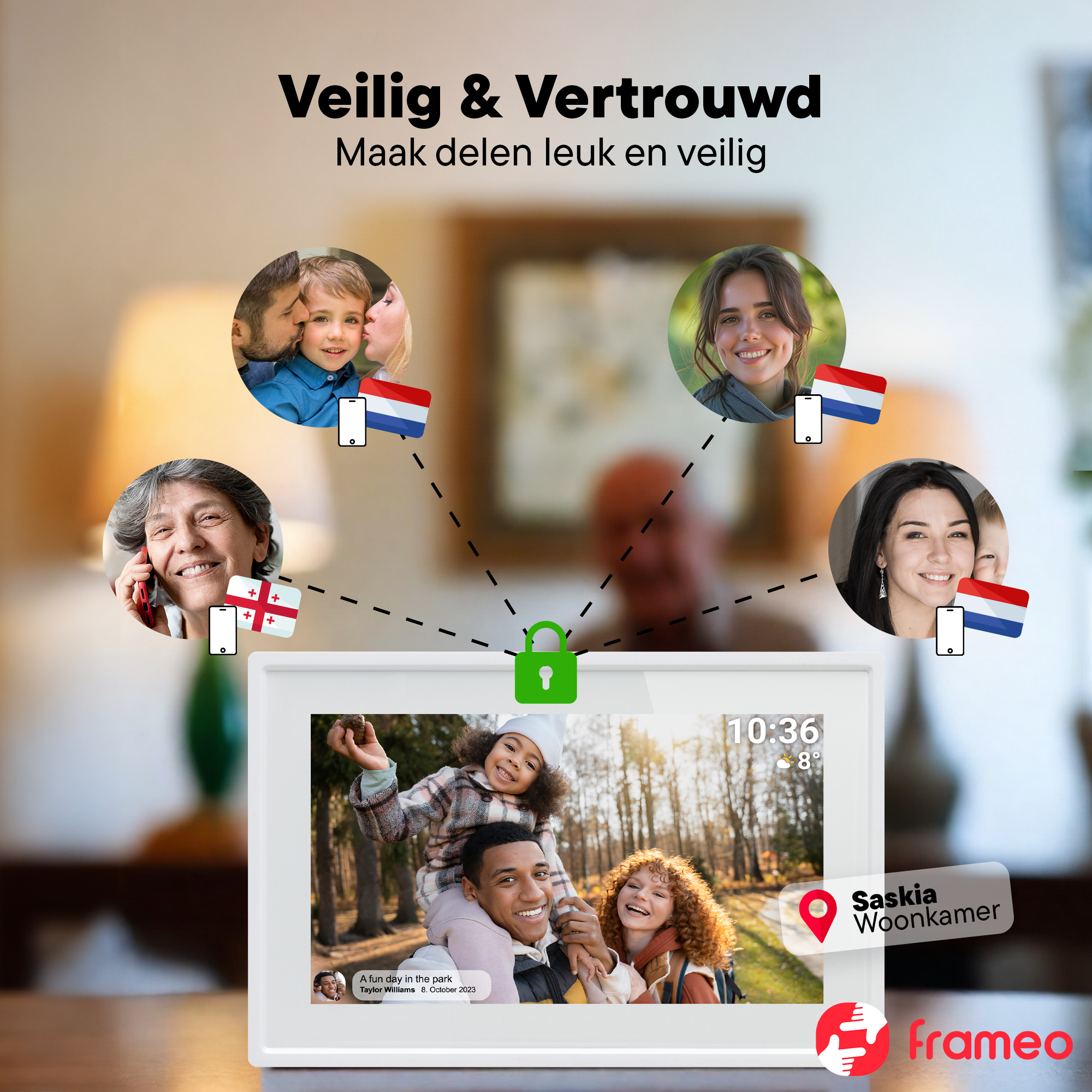 Marco digital muestra familia y amigos con banderas. Un candado simboliza seguridad. Logo Frameo.