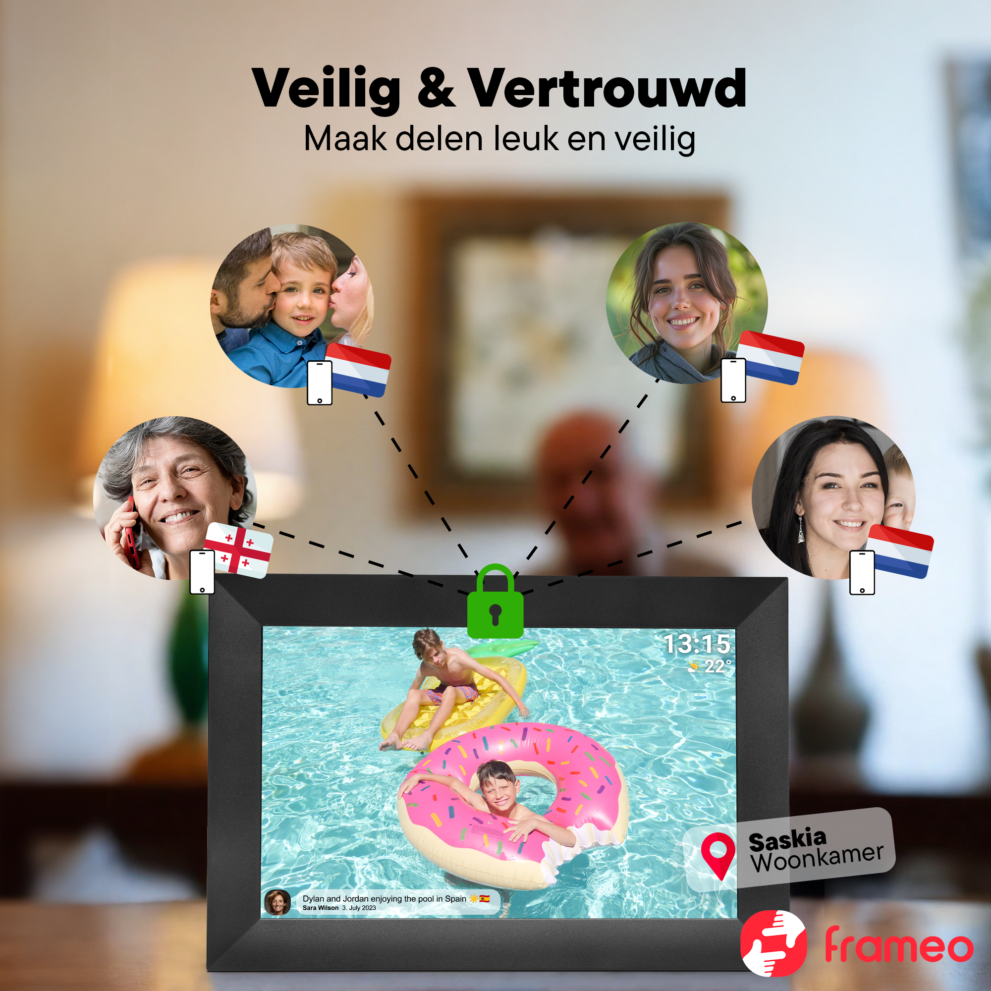 Digitale Fotorahmen-Display mit Familienfotos, Pool-Szene und Text.