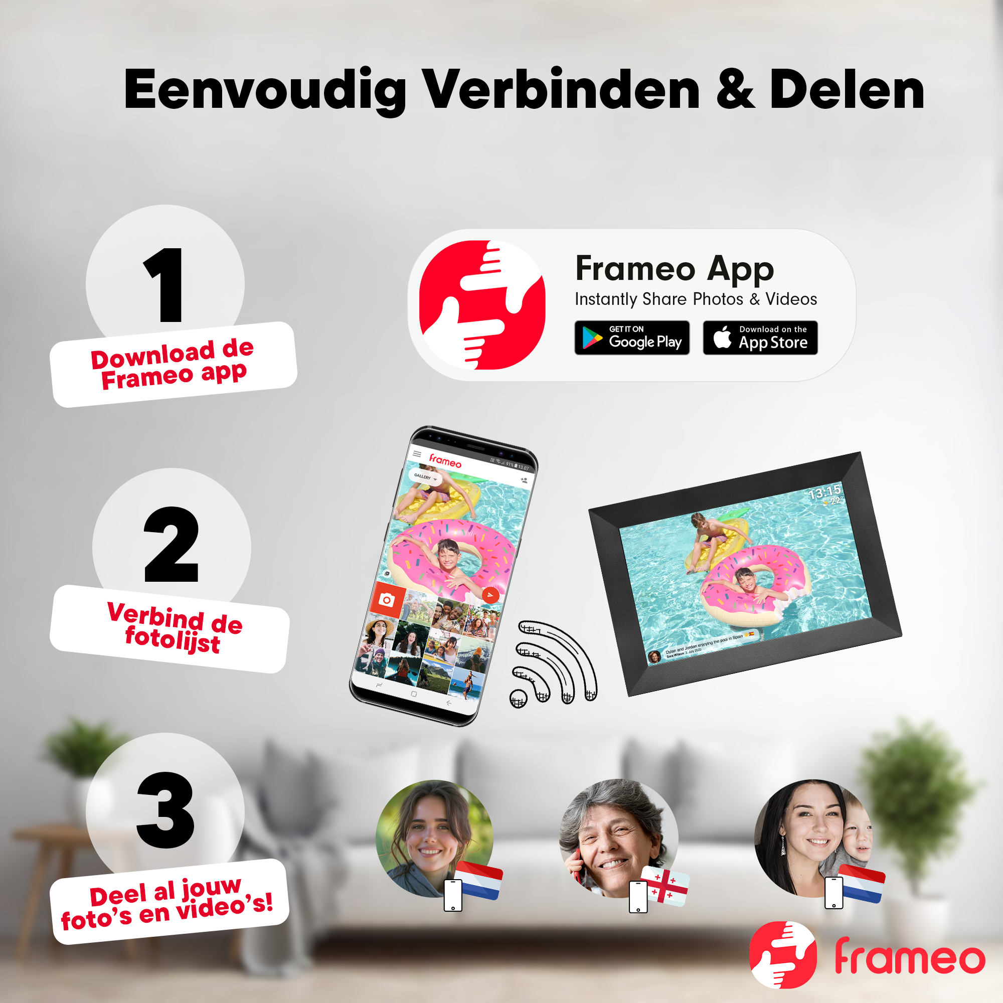 Anleitung: App herunterladen, Fotorahmen verbinden, Fotos/Videos teilen.