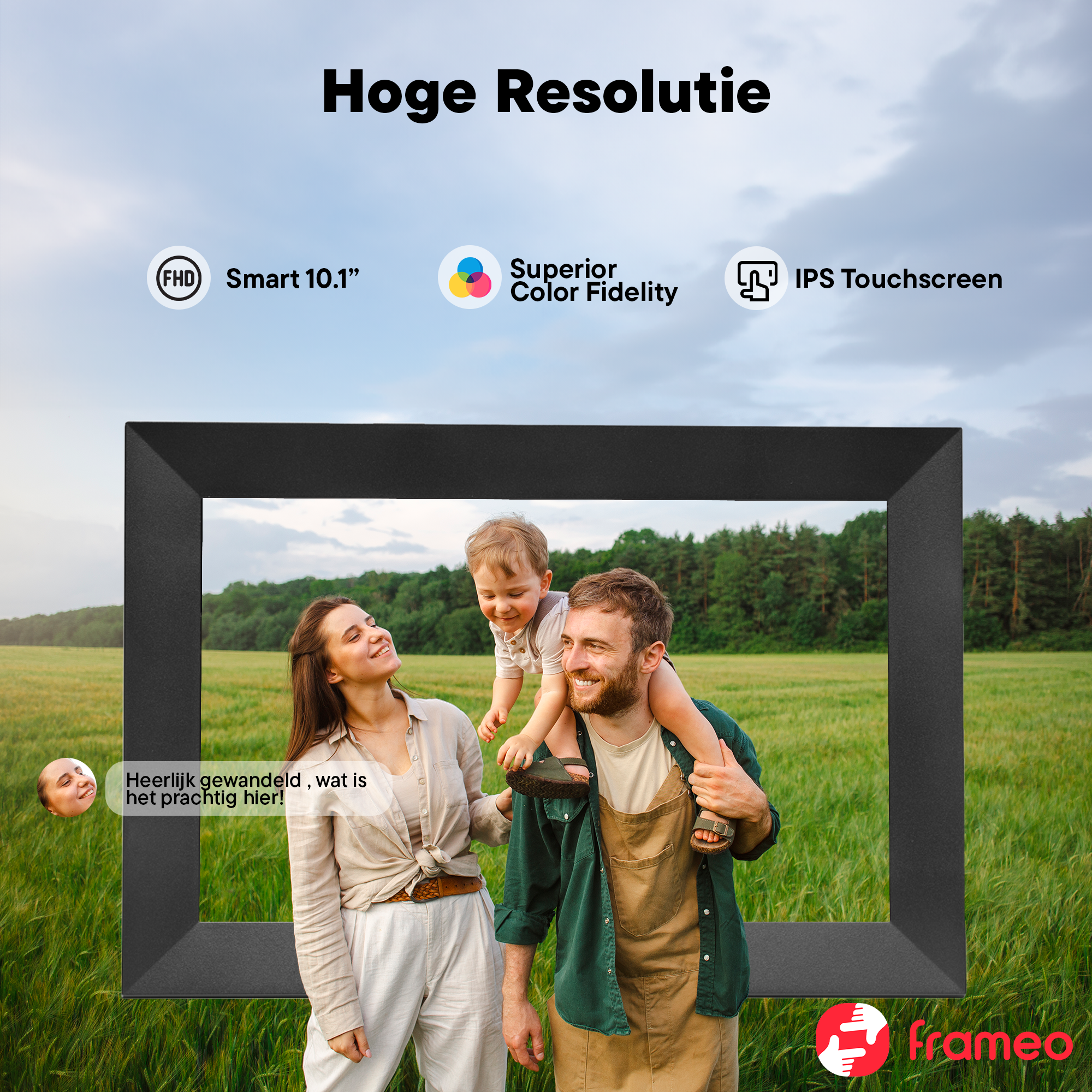 Family in a field, digital photo frame with text: High Resolution, 10.1" Smart Display.