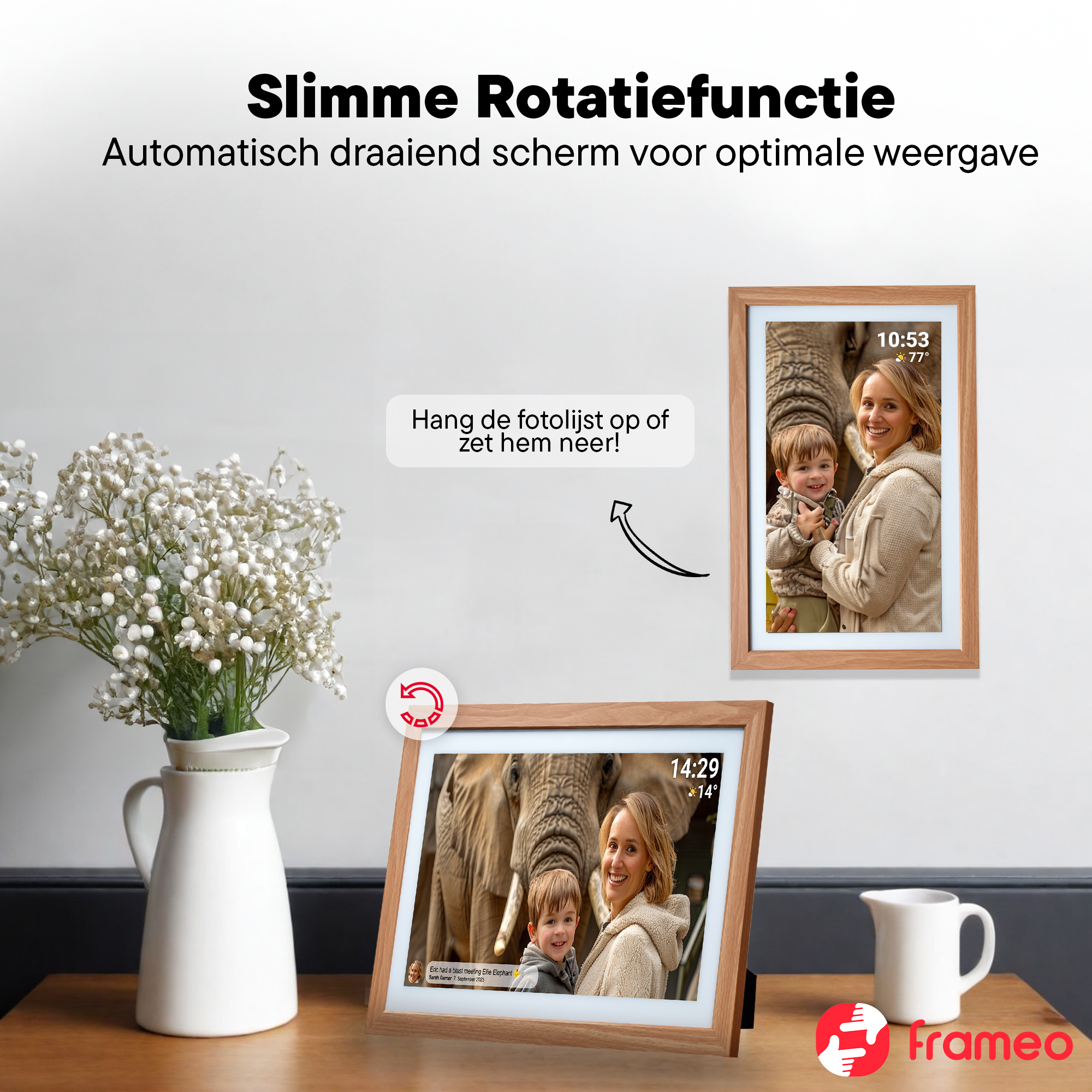 Digitaler Bilderrahmen mit Elefanten- und Familienfoto, neigbar und aufstellbar.