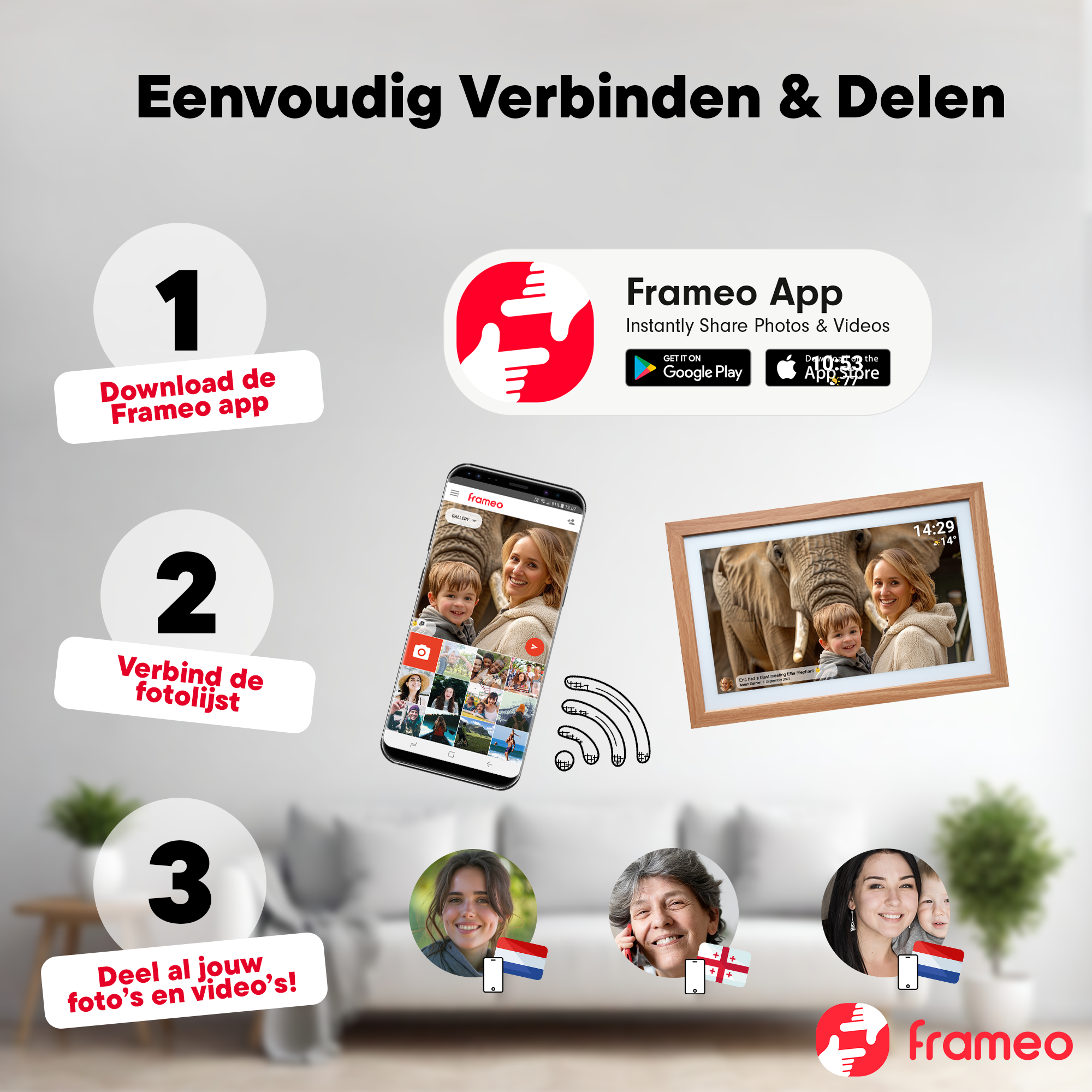 Anleitung: App herunterladen, Fotorahmen verbinden, Fotos teilen.
