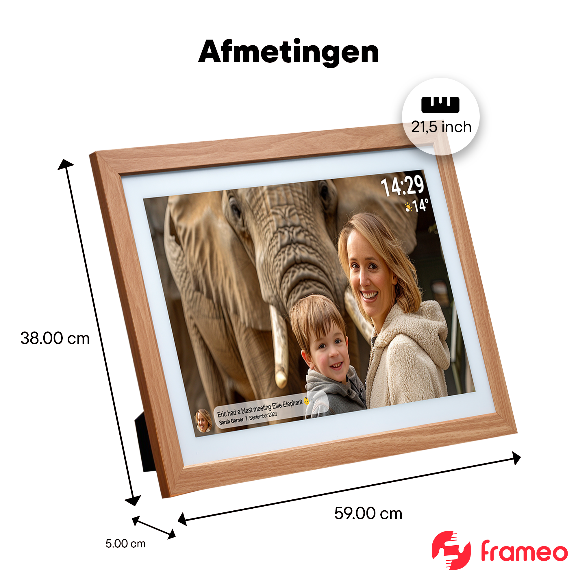 Ein digitaler Bilderrahmen mit Holzrahmen zeigt ein Elefantenbaby und ein lachendes Kind.