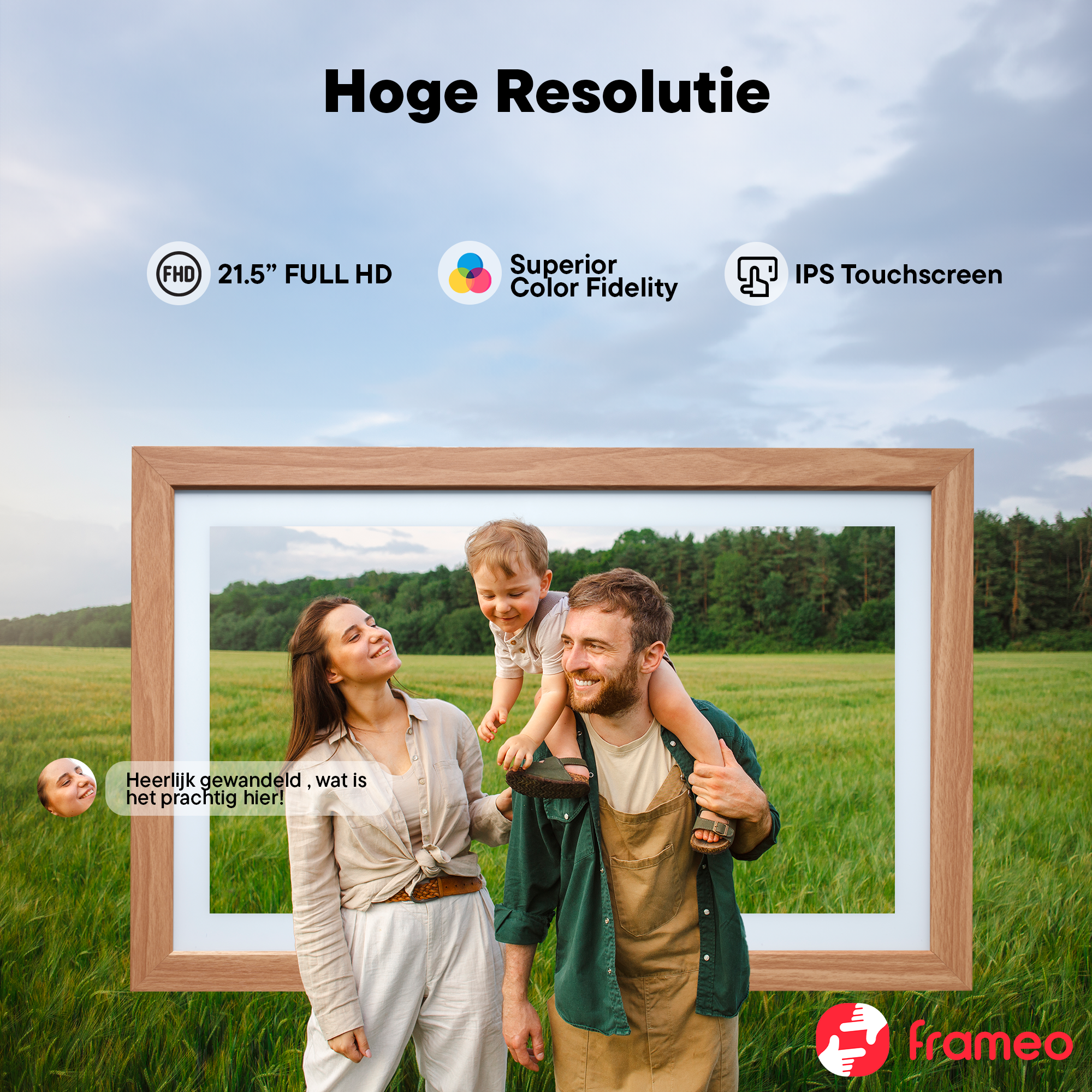 Family in a field with a digital picture frame overlay. High resolution.