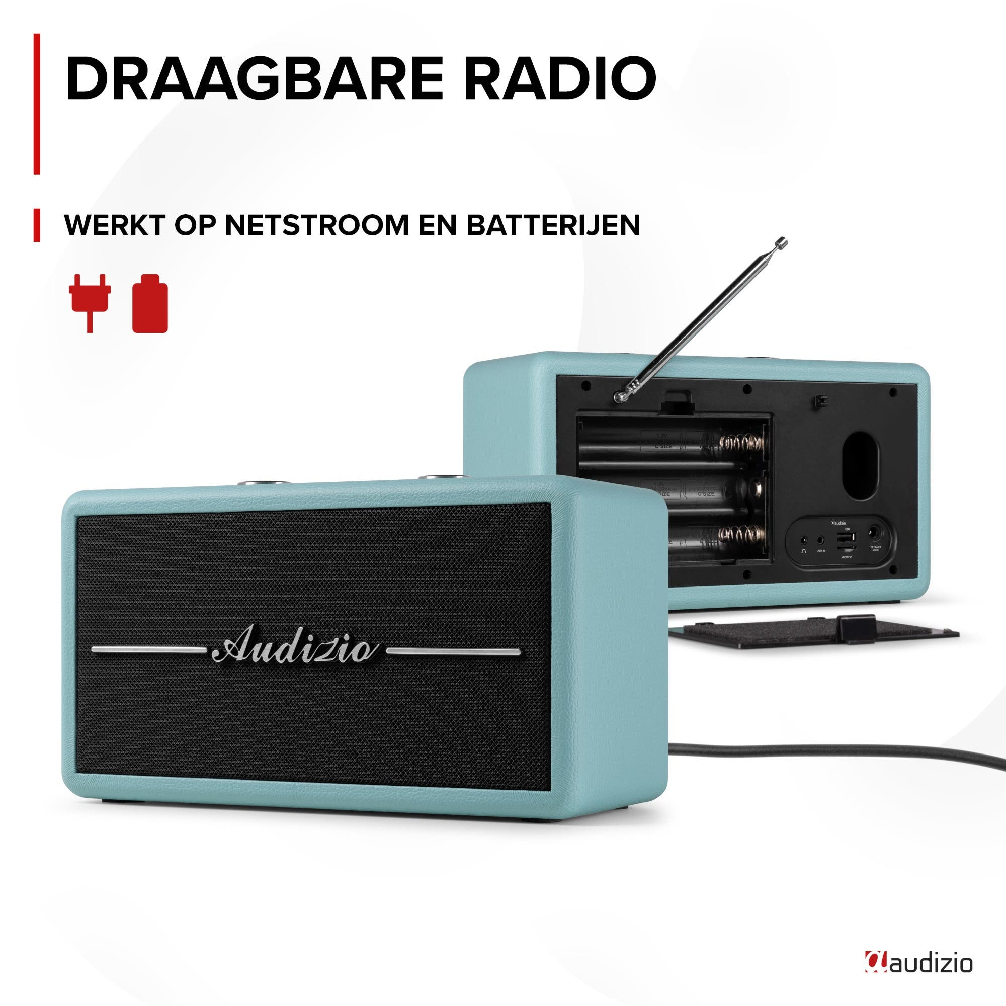 Radio Audizio azul claro con rejilla de altavoz negra y antena.