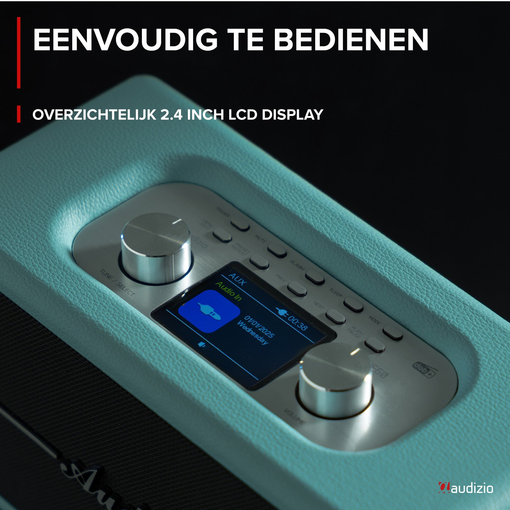 Una radio Audizio azul claro con pantalla LCD, diales y botones.