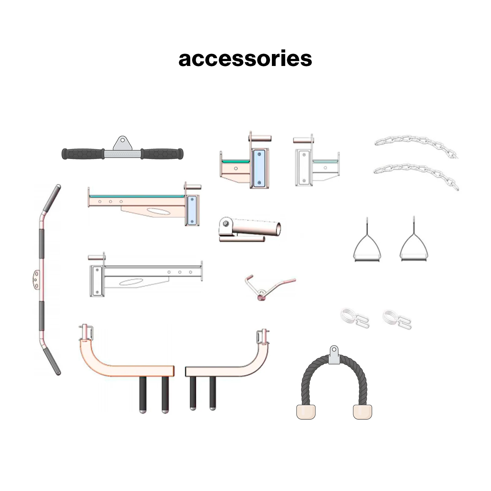 Varios accesorios de equipo de gimnasio: agarres, cuerdas, cadenas y barras.