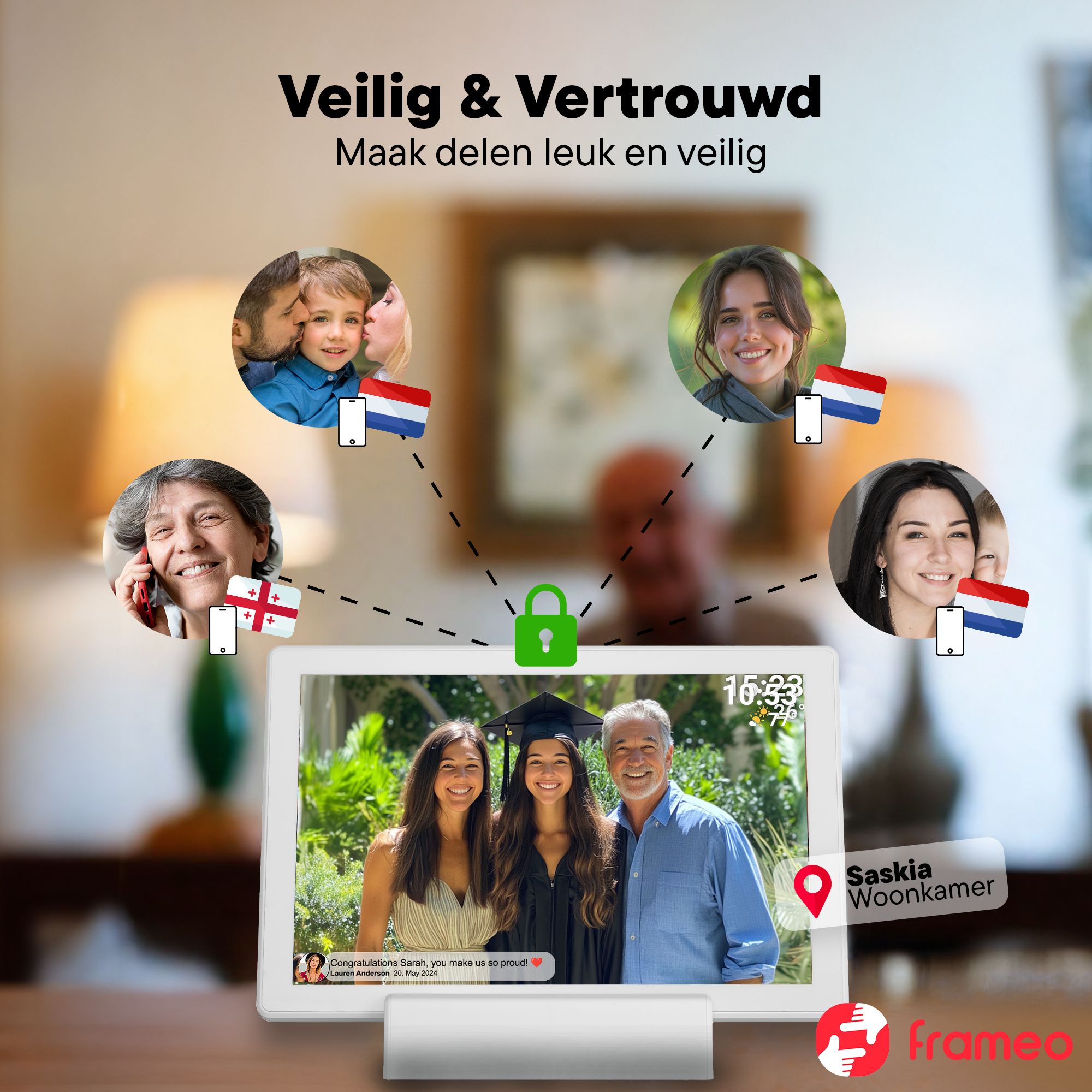 Sicheres Teilen: Mehrere Fotos werden auf einem Tablet gezeigt, verbunden durch Linien.