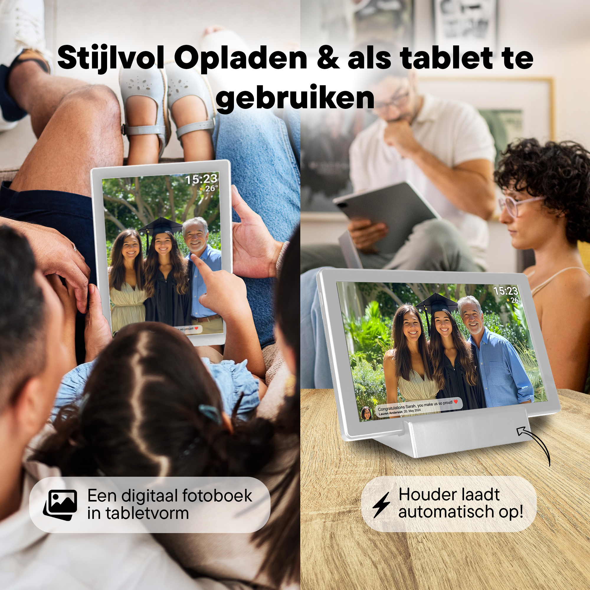 Tablet mit Familienfoto, Text: Stilvolles Aufladen & als Tablet nutzen.