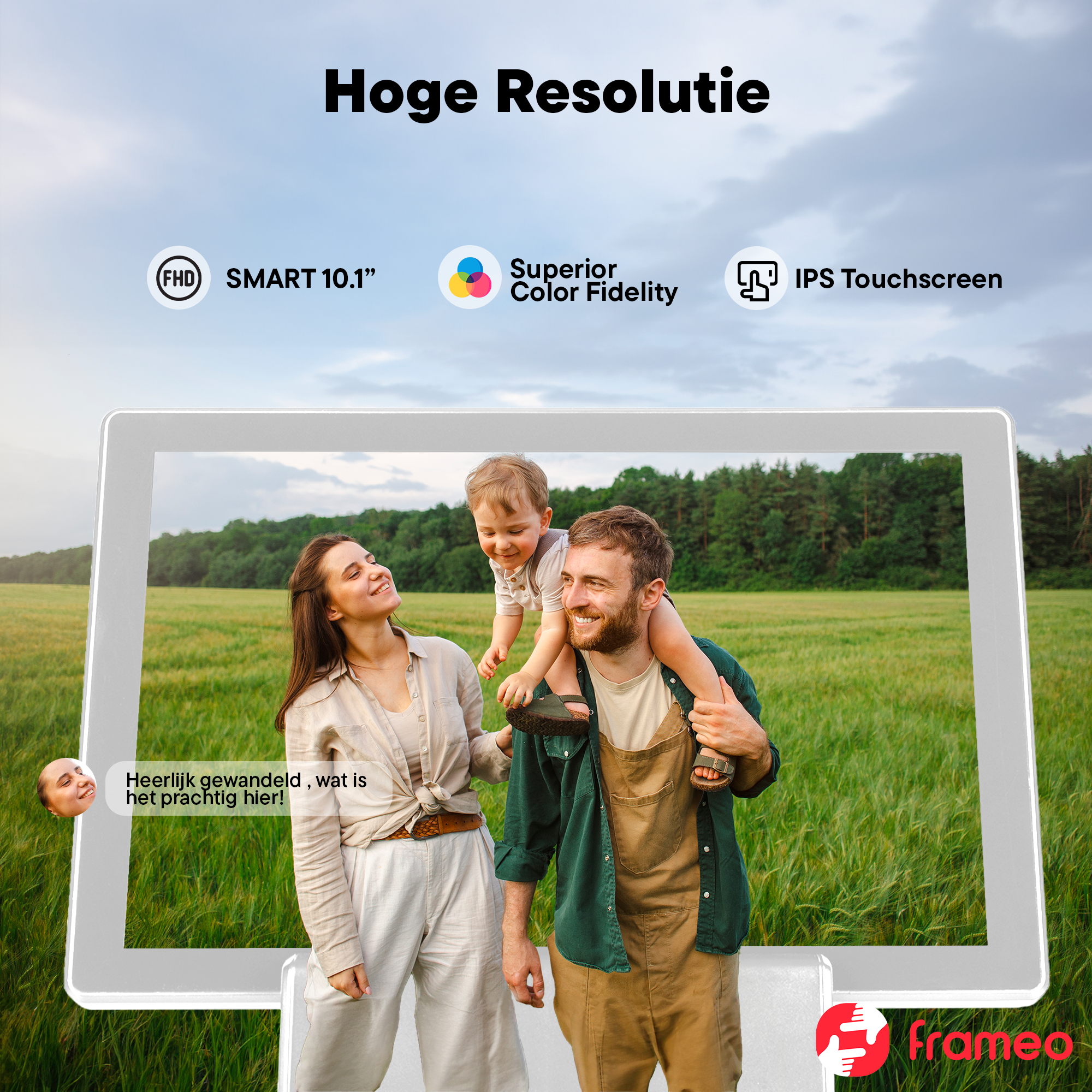 Family in field on digital frame with text.