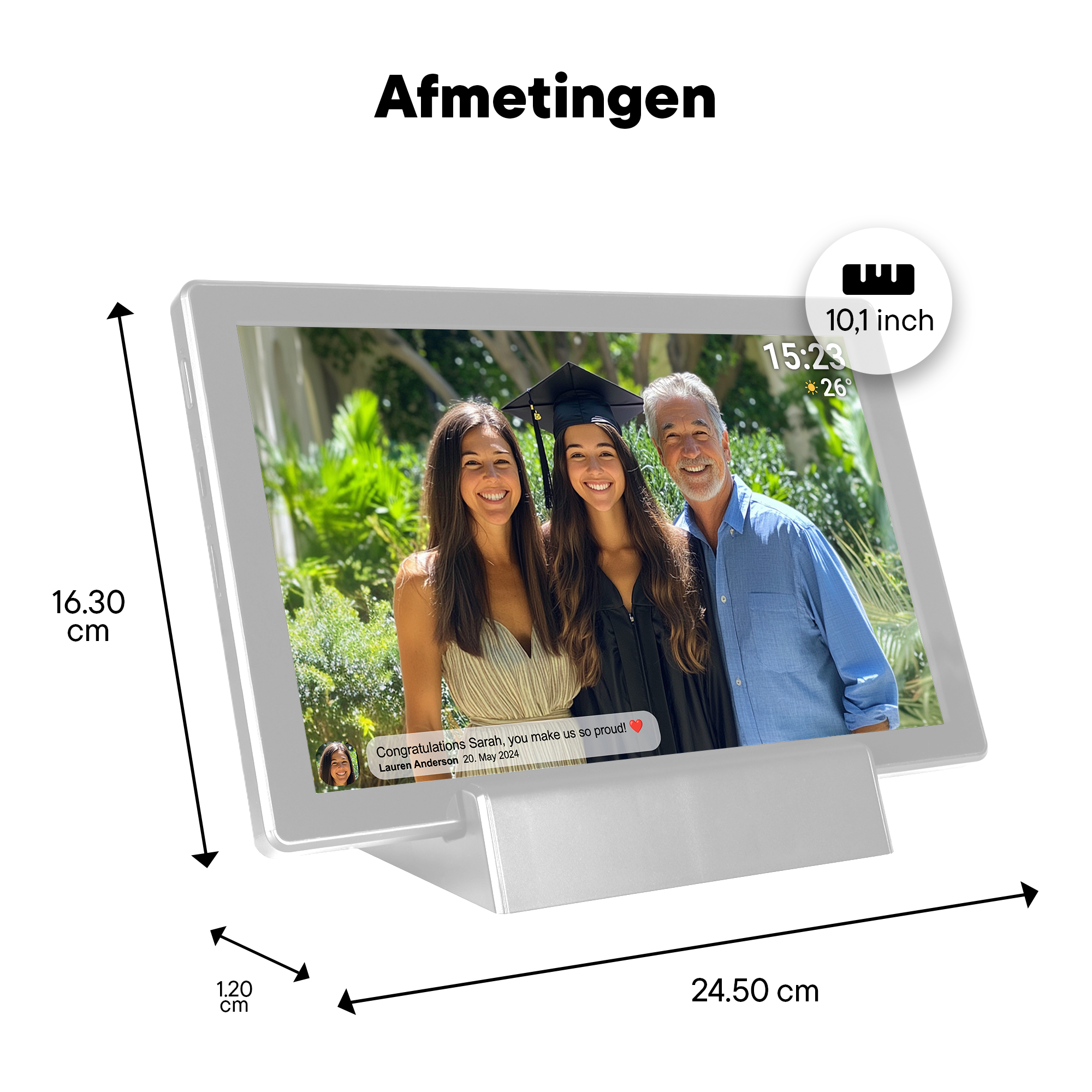 A digital picture frame displays a family; dimensions are shown.