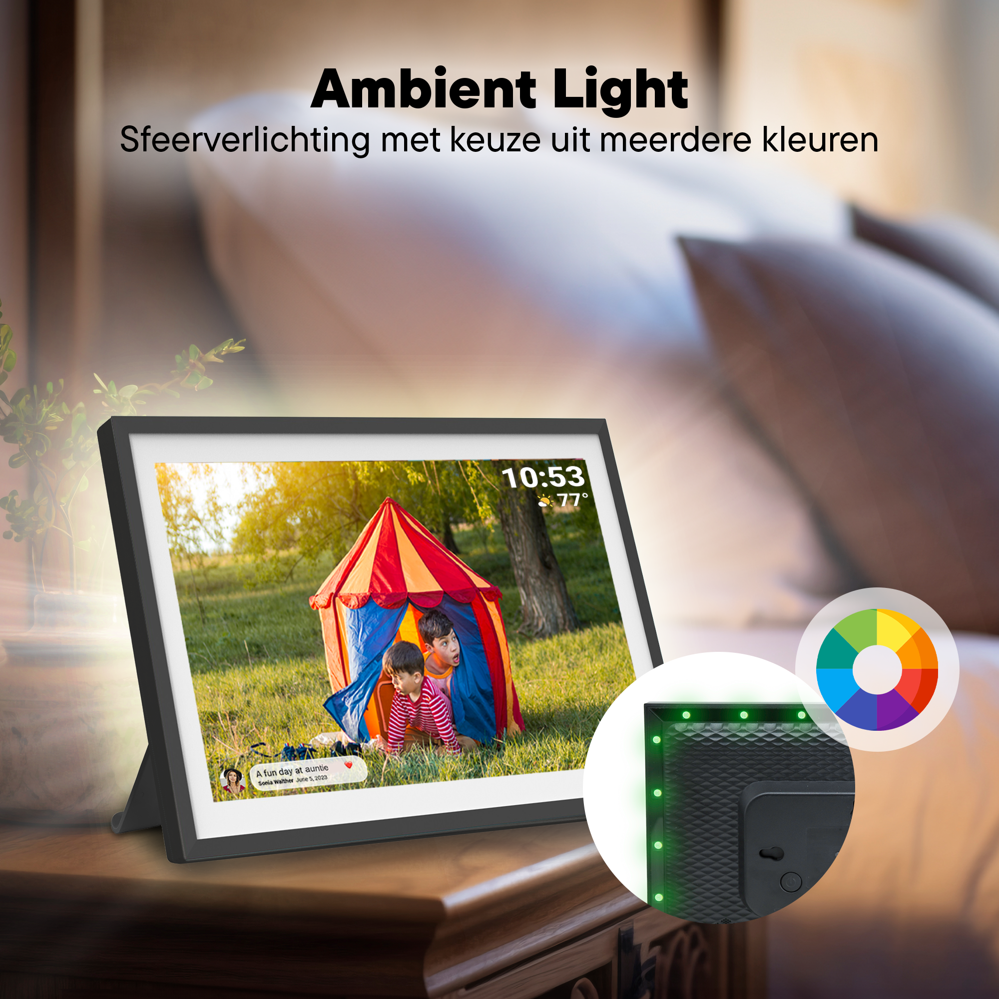 Digital frame shows kids in tent, with time and temperature display.