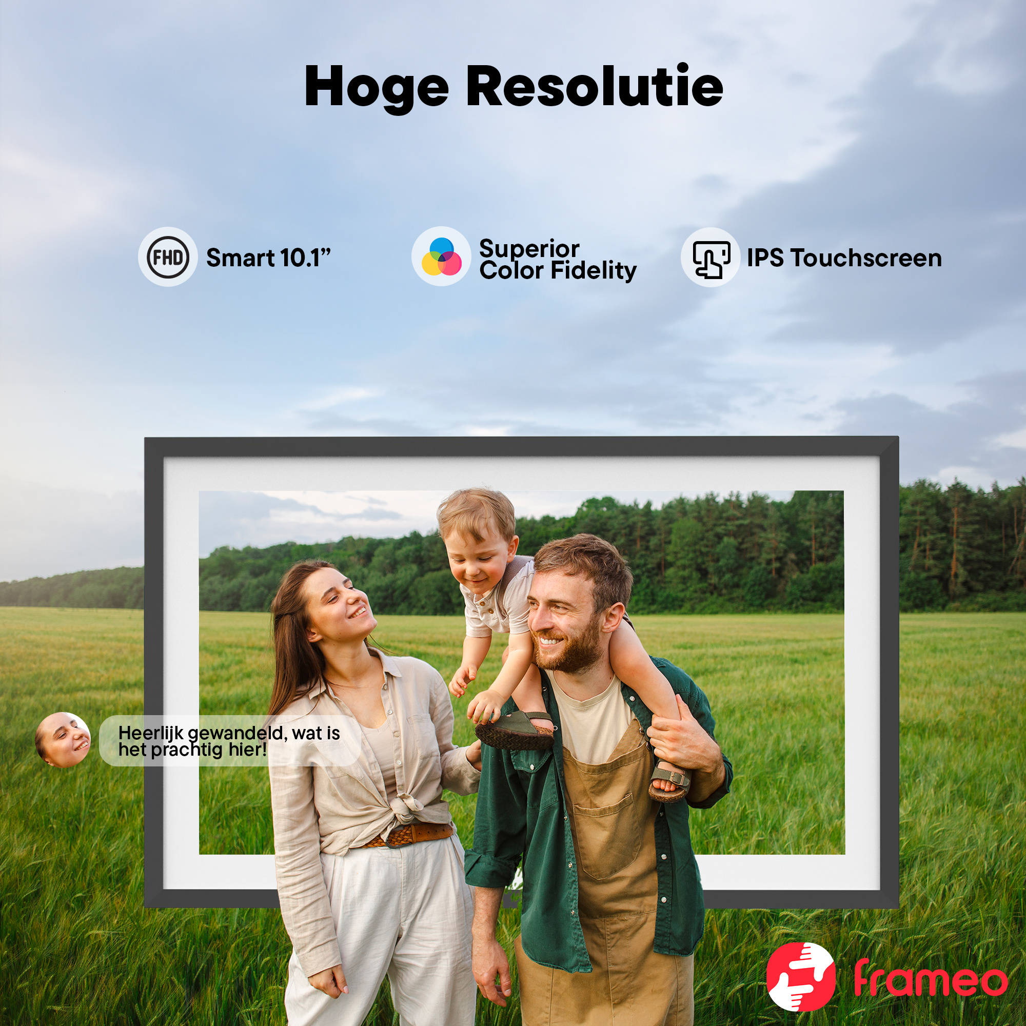 Family in field in front of digital frame with text about resolution.