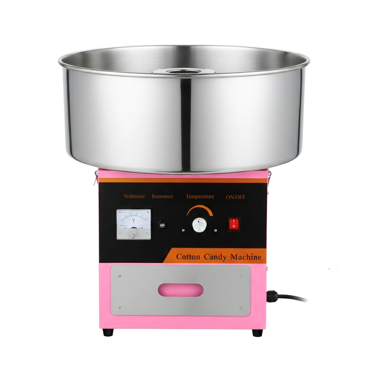 Eine rosa Zuckerwattemaschine mit silbernem Behälter und Bedienelementen.