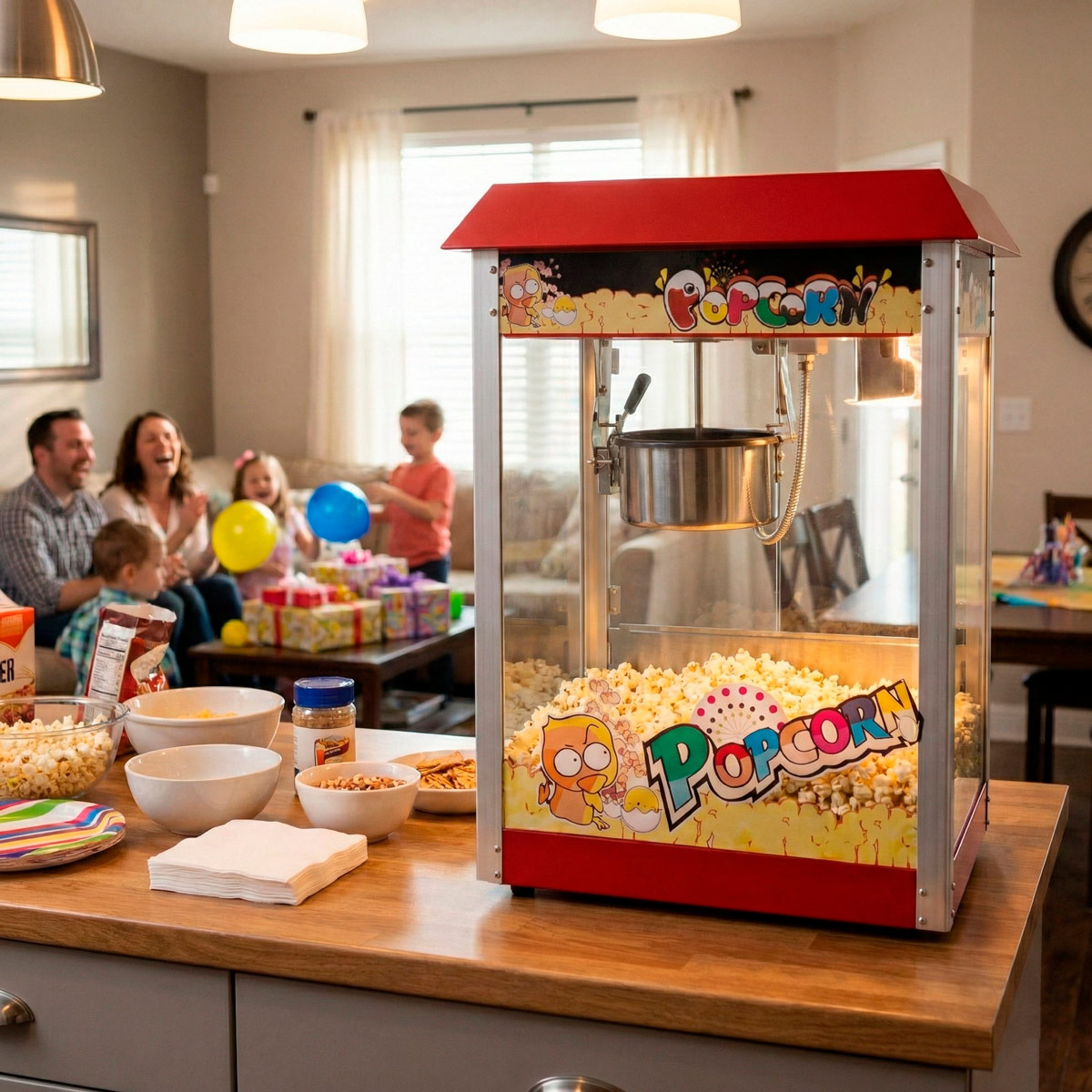 Popcornmaschine mit Familie im Hintergrund feiert Geburtstag. Schüssel und Snacks auf der Theke.