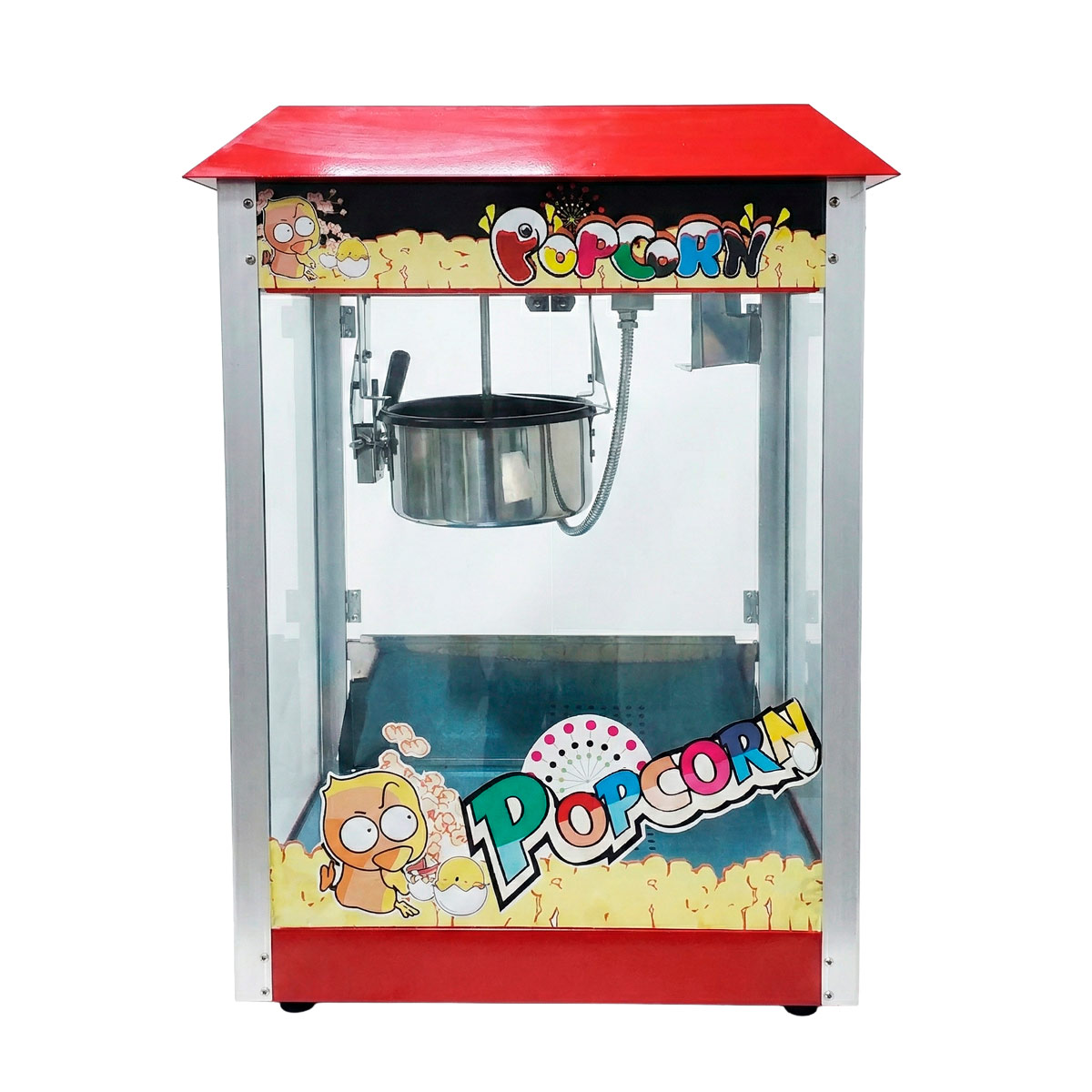 Eine rote Popcornmaschine mit einem silbernen Kochtopf und Cartoon-Motiven.