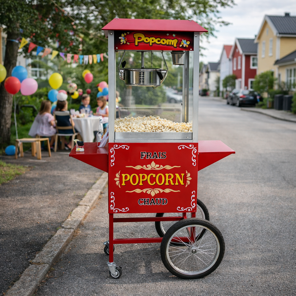 Rote Popcornmaschine auf einem Bürgersteig, Kinder feiern im Hintergrund.