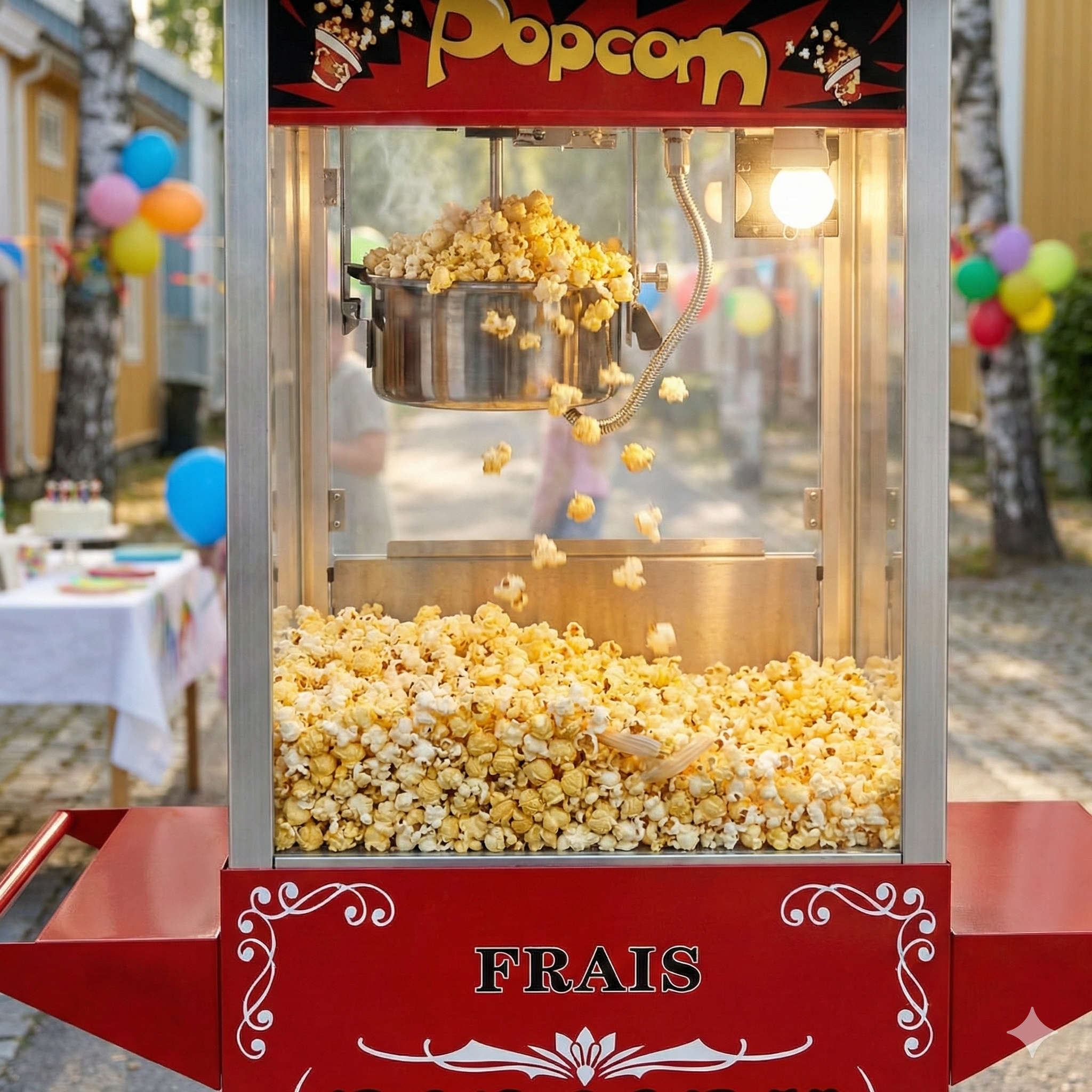 Popcornmaschine mit frisch gemachtem Popcorn und Ballons im Hintergrund.