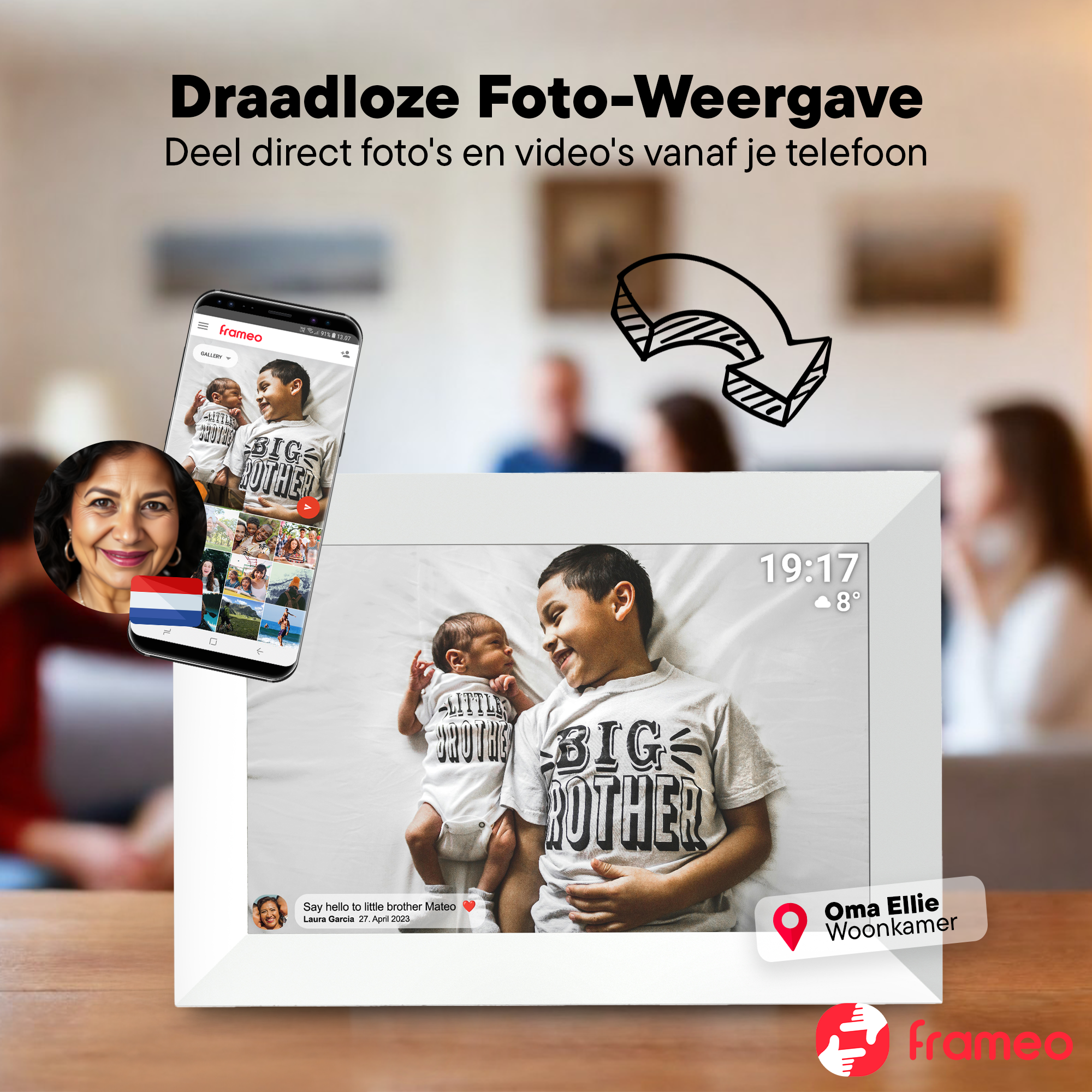 A digital photo frame displays two boys, one a baby. A phone shows photos.