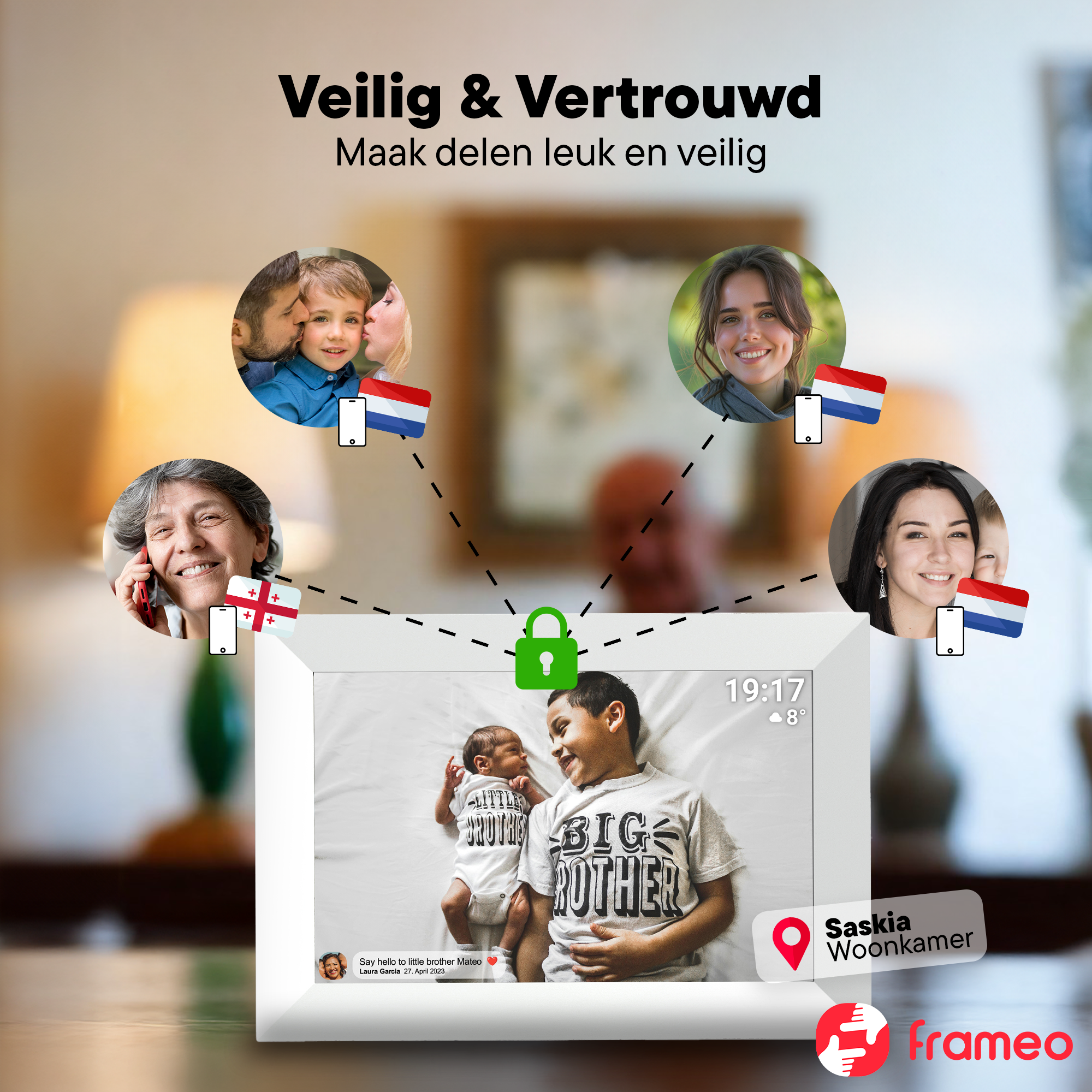Digital photo frame shows two boys, a baby and a toddler, with country flags.