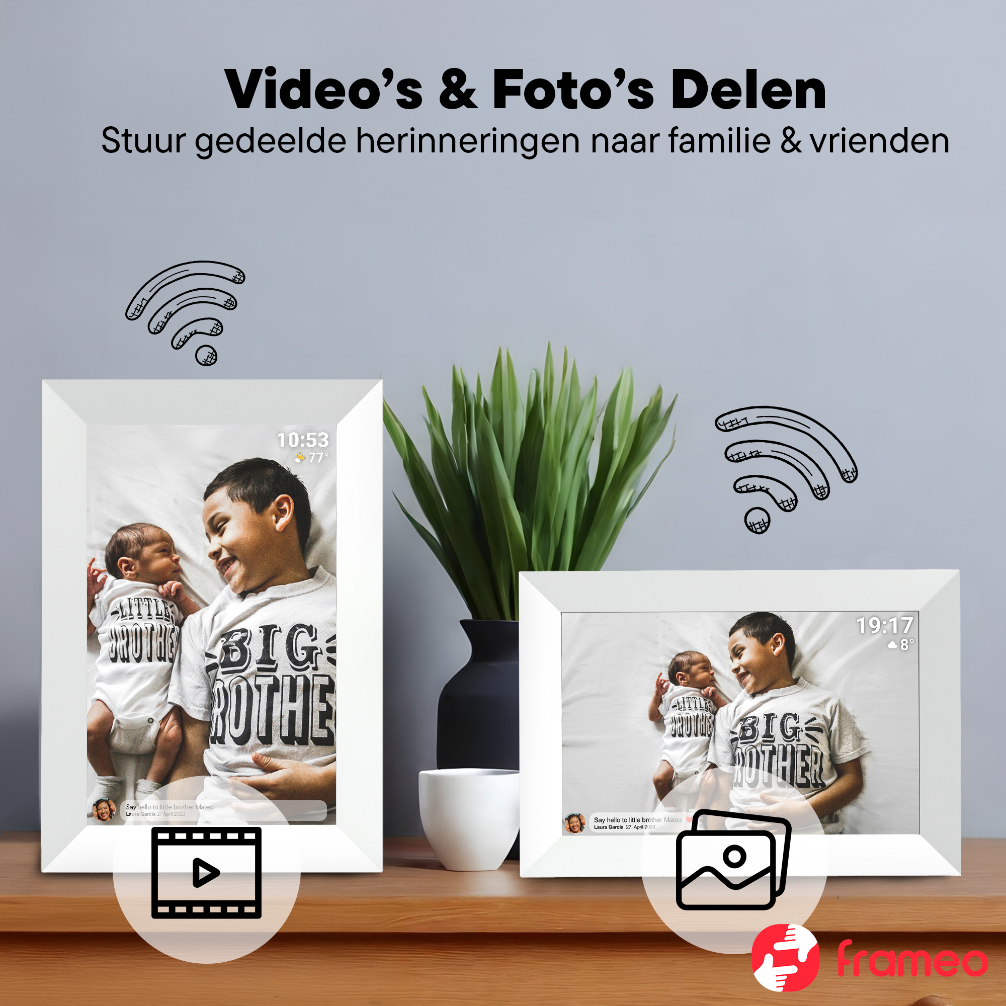 Two digital frames show brothers. One plays a video, the other a photo.